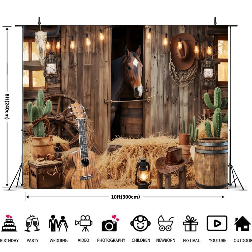 Wild West Cowboy Party Backdrop 10x8ft Rustic Barn Door Background with Horse…