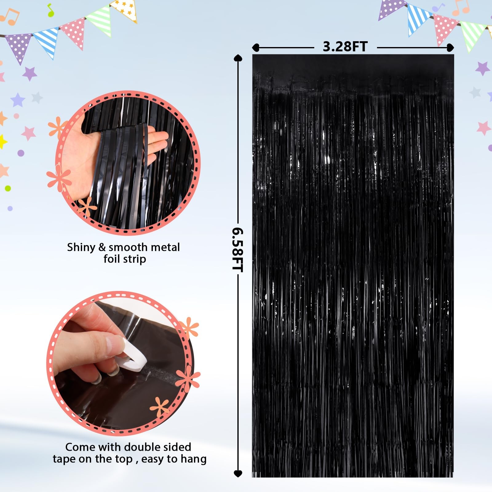 GCB 2Pack Black Metallic Tinsel Foil Fringe 79″W x 79″L (Pack of 2),