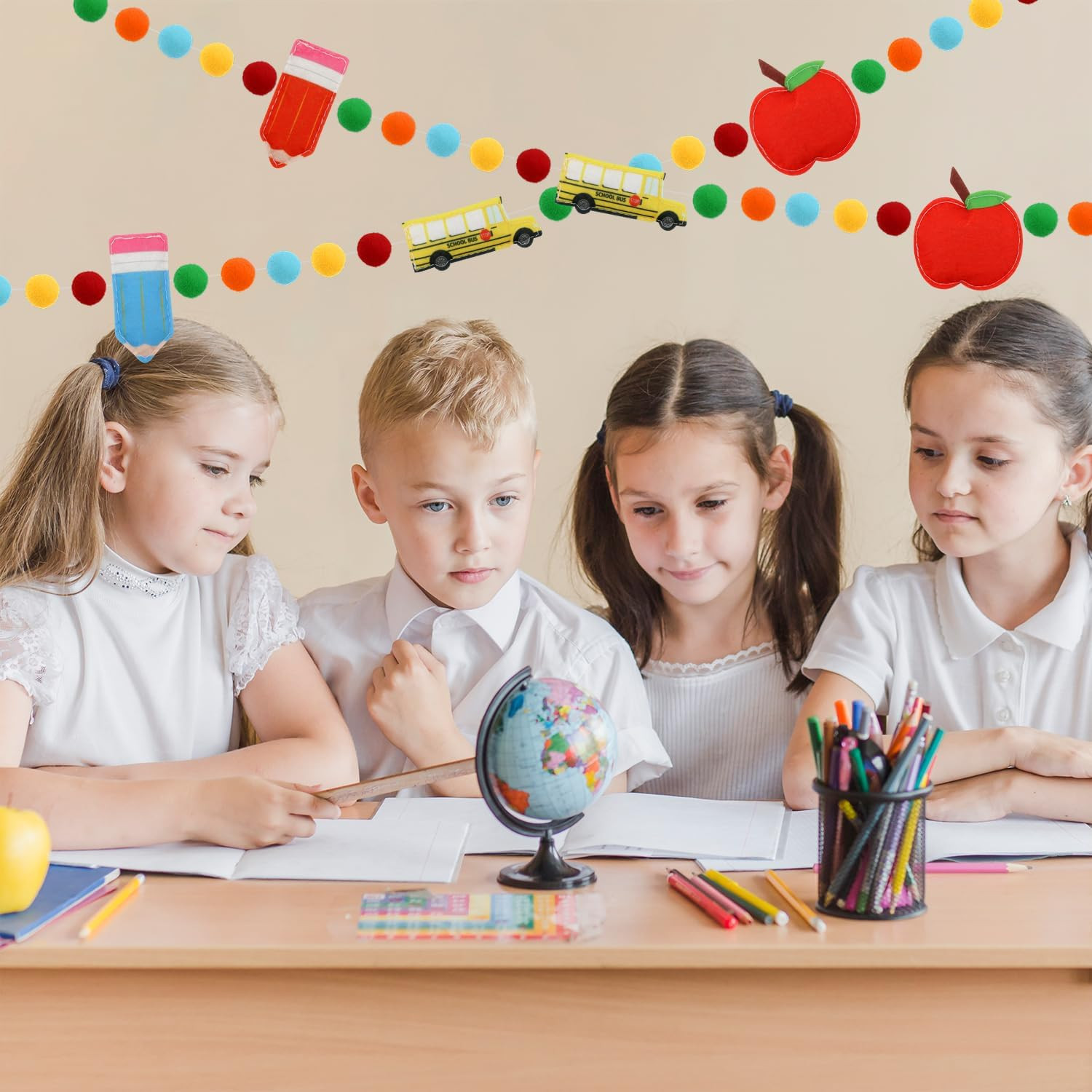 Back to School Felt Pom Banner Cute 3D Bus Apple Pencil Felt Ball Garland Back t