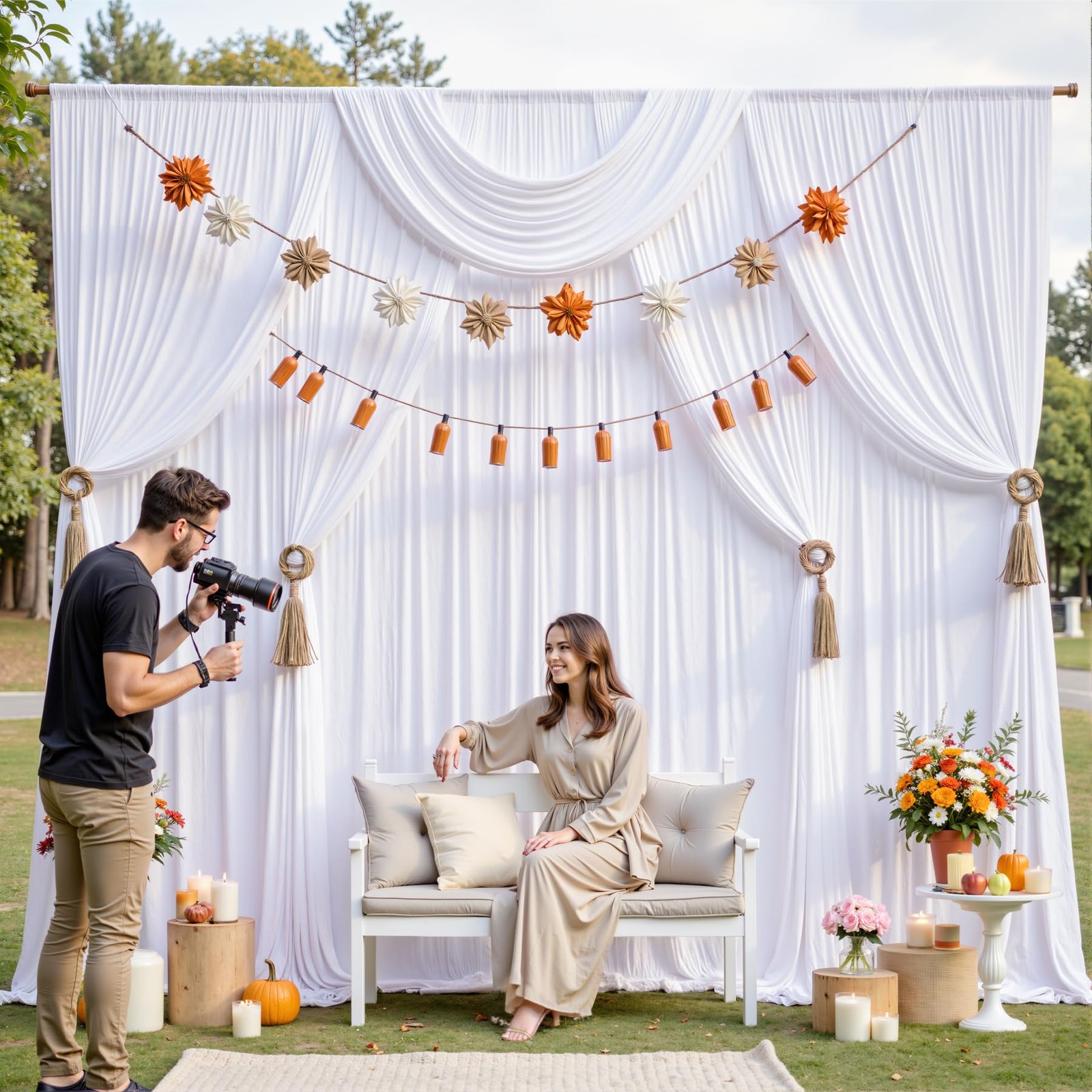 50×10 ft Wrinkle Free White Backdrop Curtain for 10ft×10ft_5 Panels,