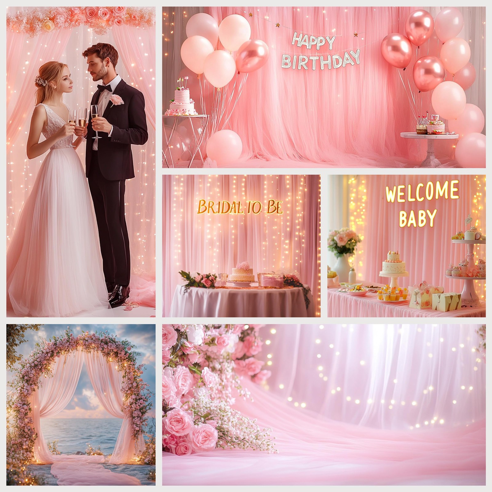 Pink Tulle Curtain Backdrop 300 LED Fairy Lights Sheer WrinkleFree 10×10 Ft