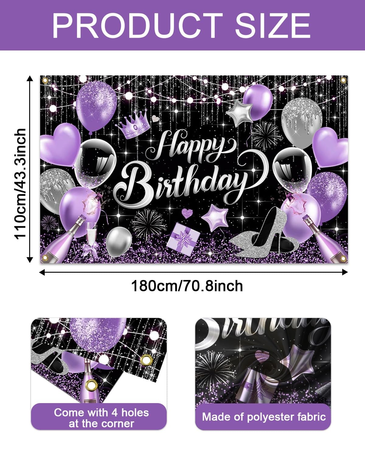 Purple Birthday Backdrop for Woman Glitter Sliver Purple Happy Birthday Party Ba