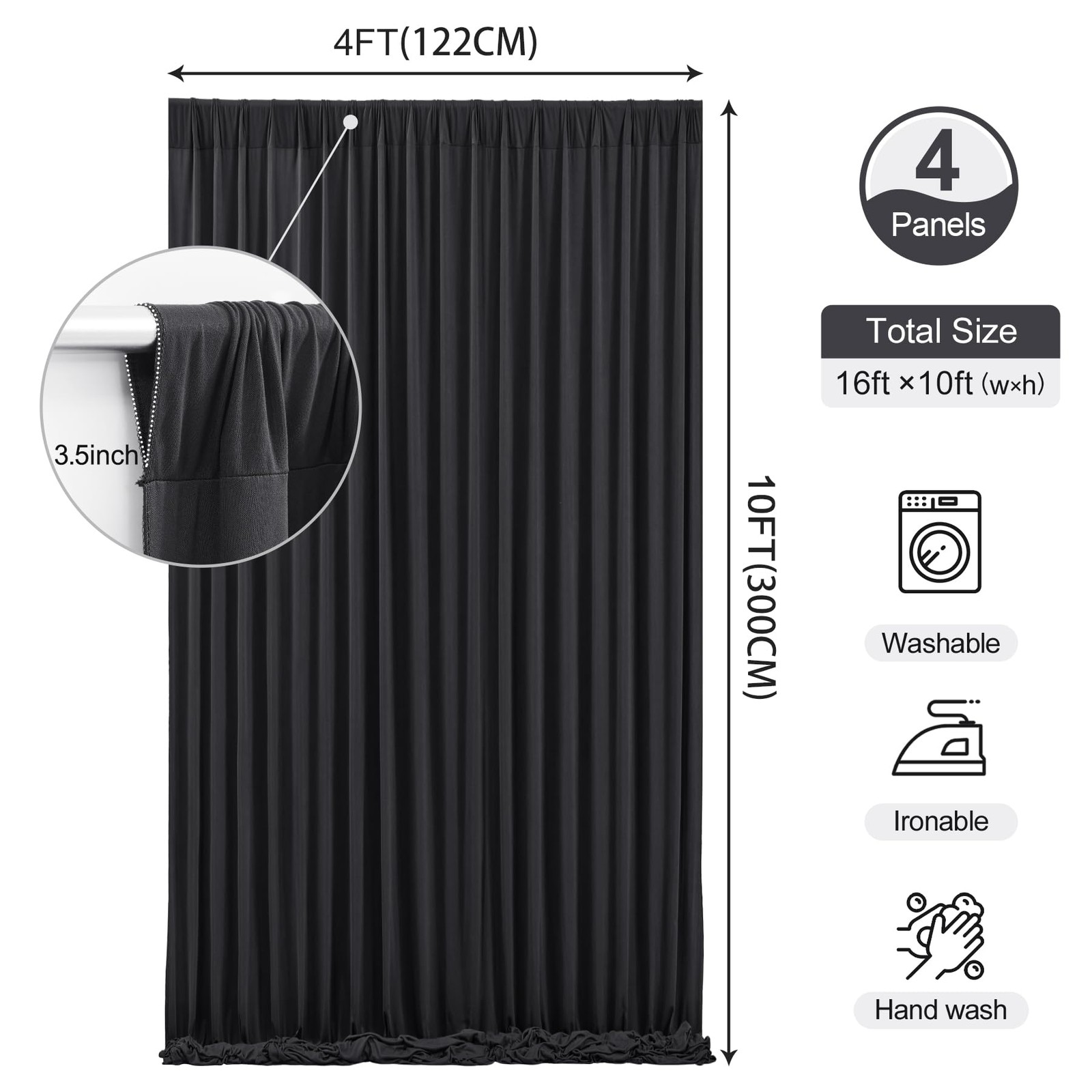 4 PCS 16×10 FT Black Backdrop Curtains Photo Background Drapes Rod Pocket