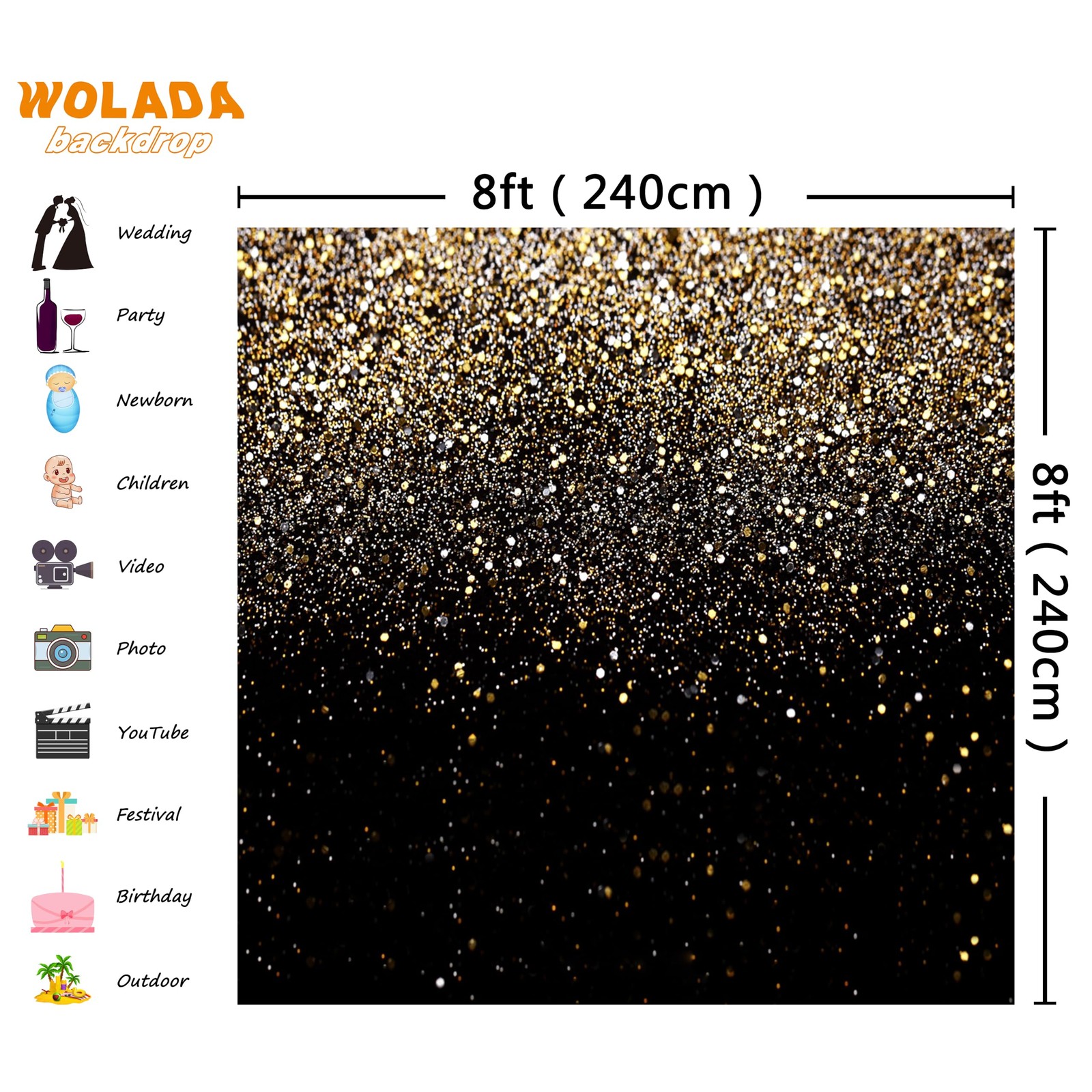 8×8 Ft Black Gold Golden Glitter Backdrop Photography Wedding Party 11176