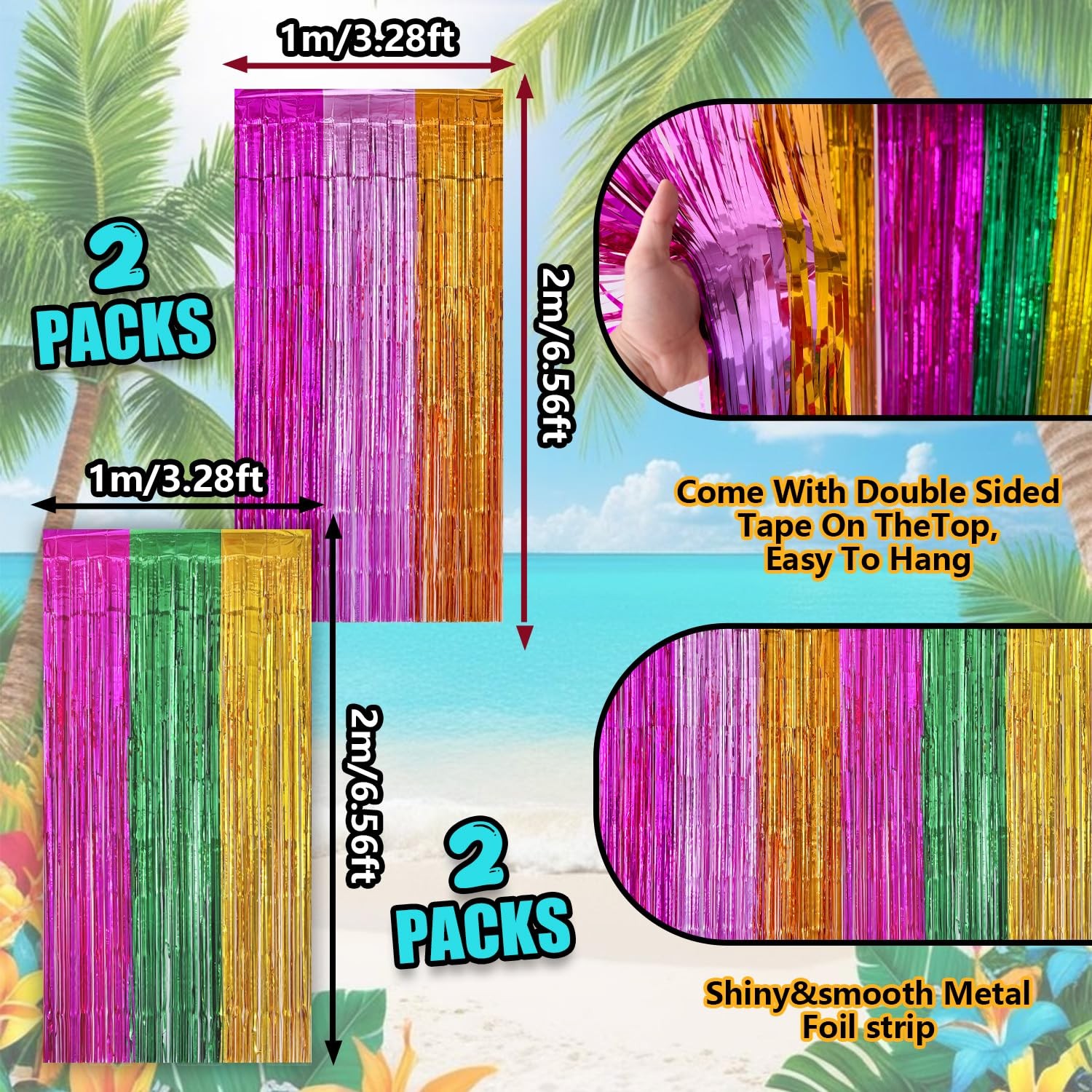 4 PCS Hawaiian Luau Party Decorations 3.28×6.56 Ft Foil Fringe Curtains