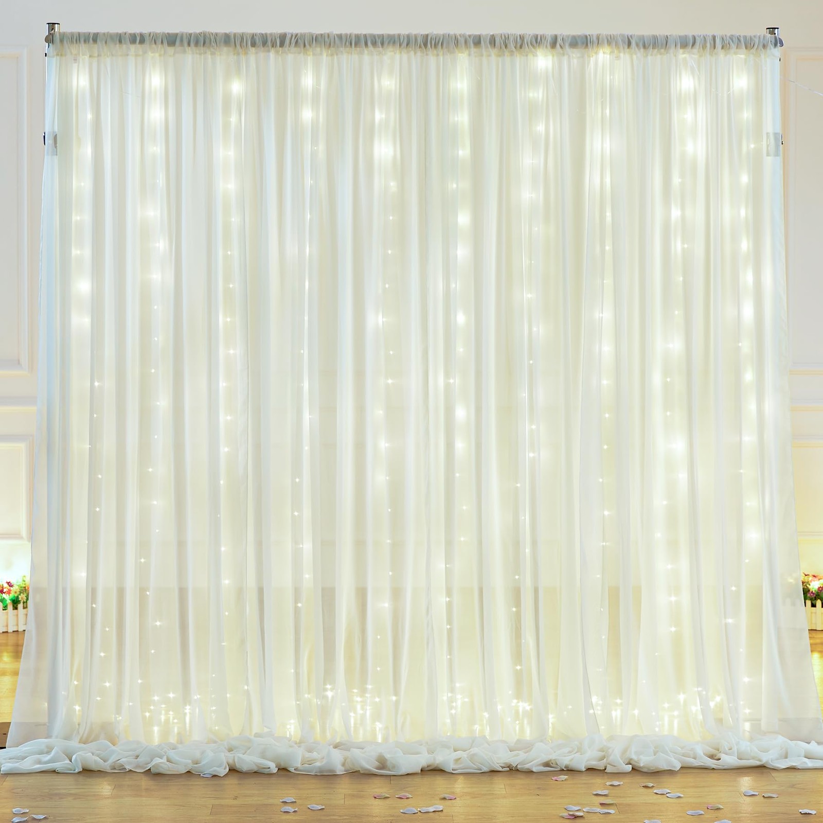 Ivory White Chiffon Backdrop Curtain 10×10 Ft With Lights String Wedding