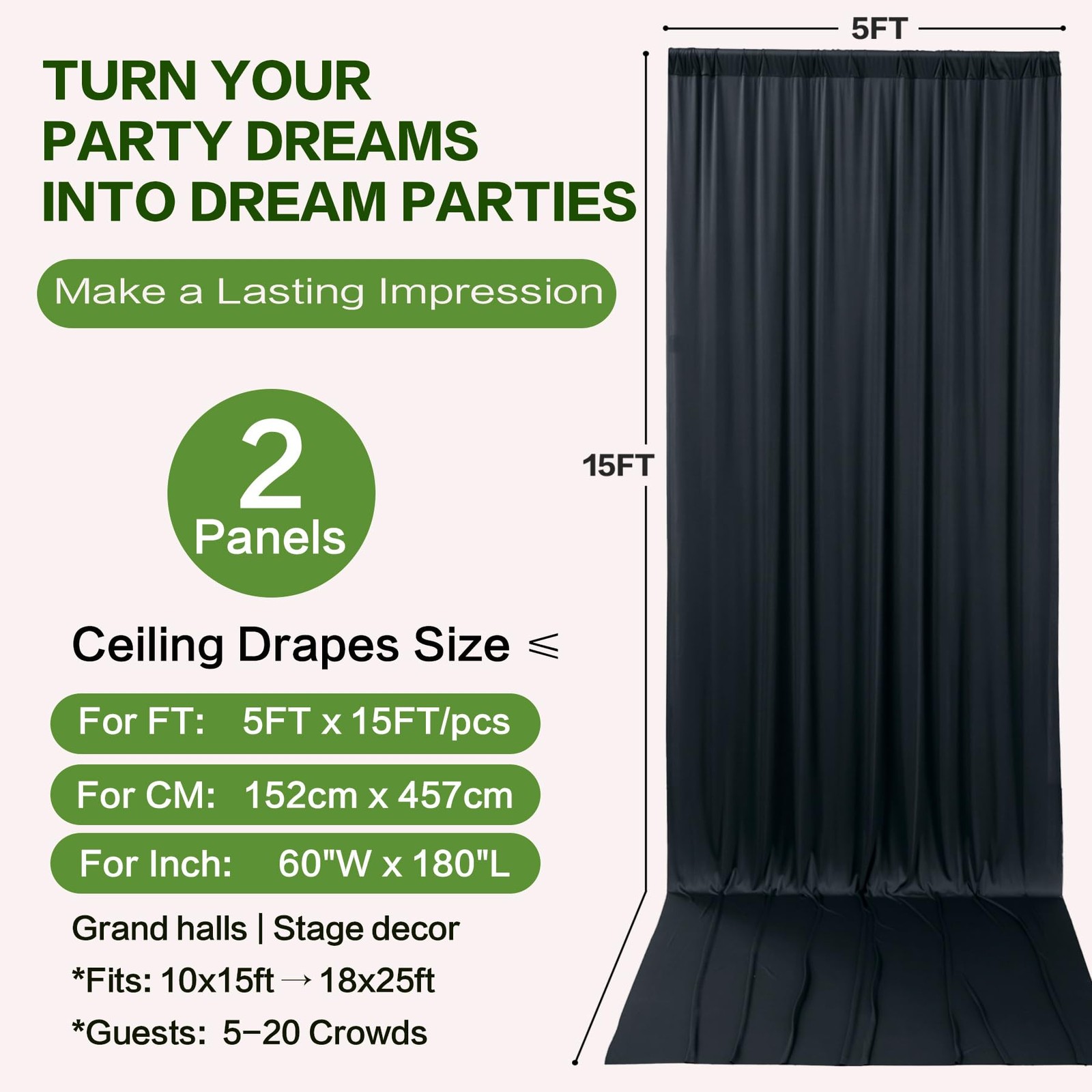 10ft x 15ft Black Backdrop Curtain 2 Panels Wrinkle Free Photo Studio