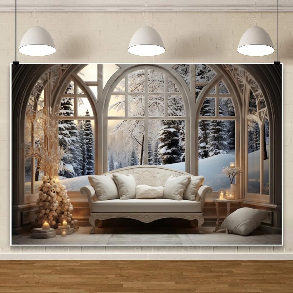 10x8ft Vinyl Christmas Backdrop White Couch Window Forest Snowscape Winter Co…