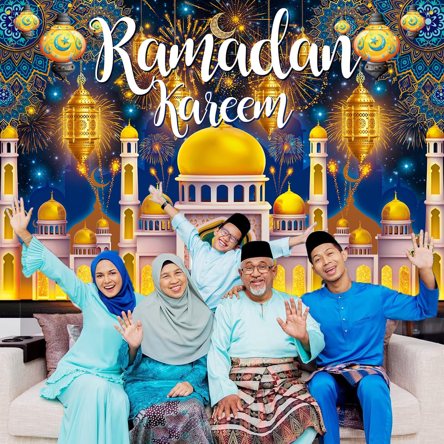 Ramadan Kareem Backdrop 7x5FT（210x150cm）, Multicolor (Blue, Gold, Yellow)