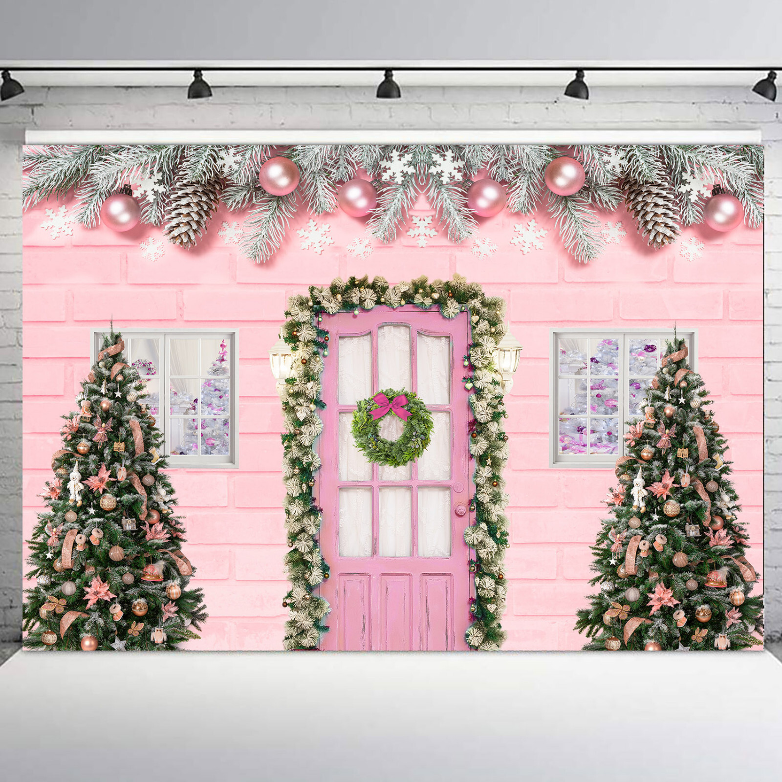 Winter Snowflakes Fireplace Green Christmas Tree Vinyl Backdrop Photo Background