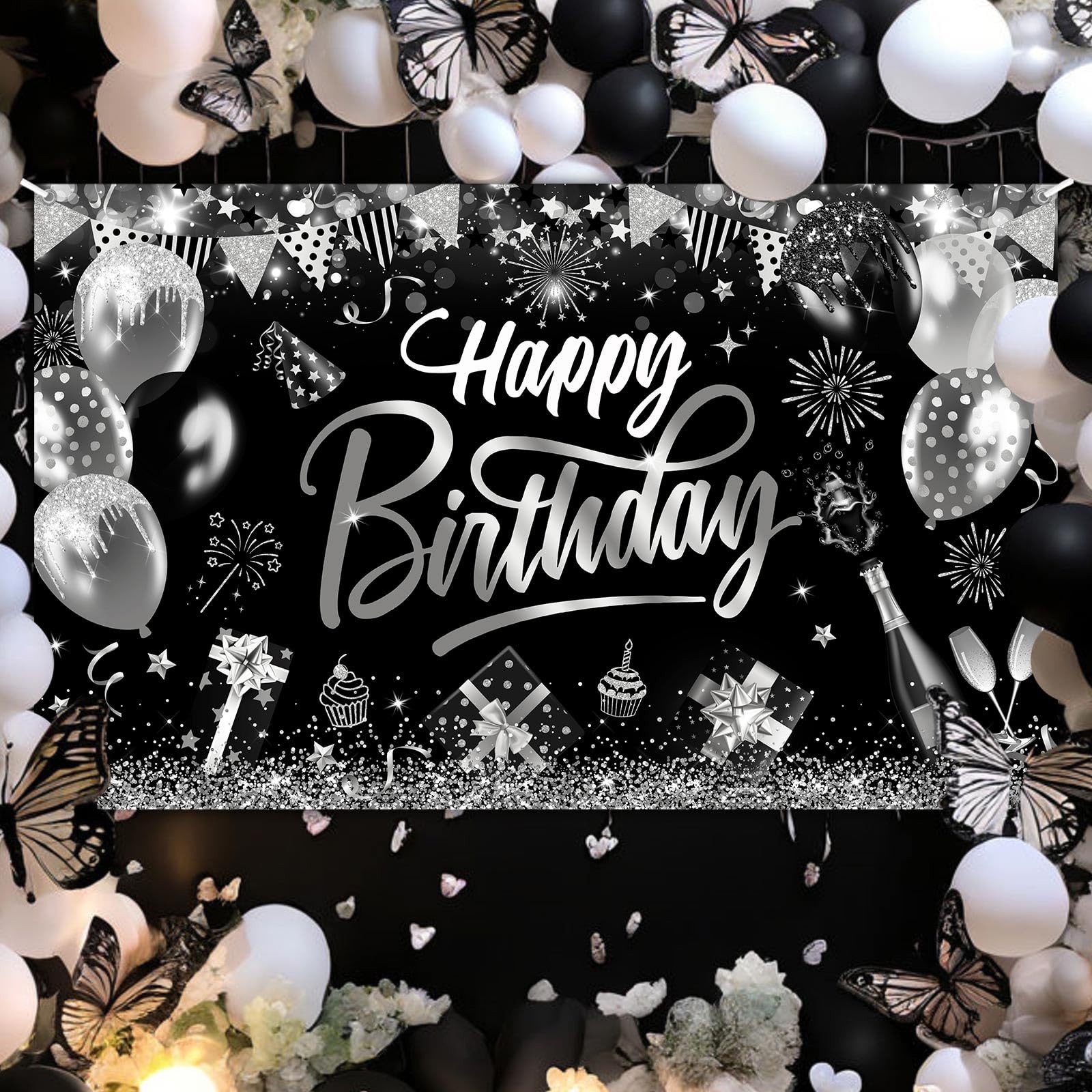 Black Silver Birthday Banner Birthday Decorations for Men Boys Silver Glitter…
