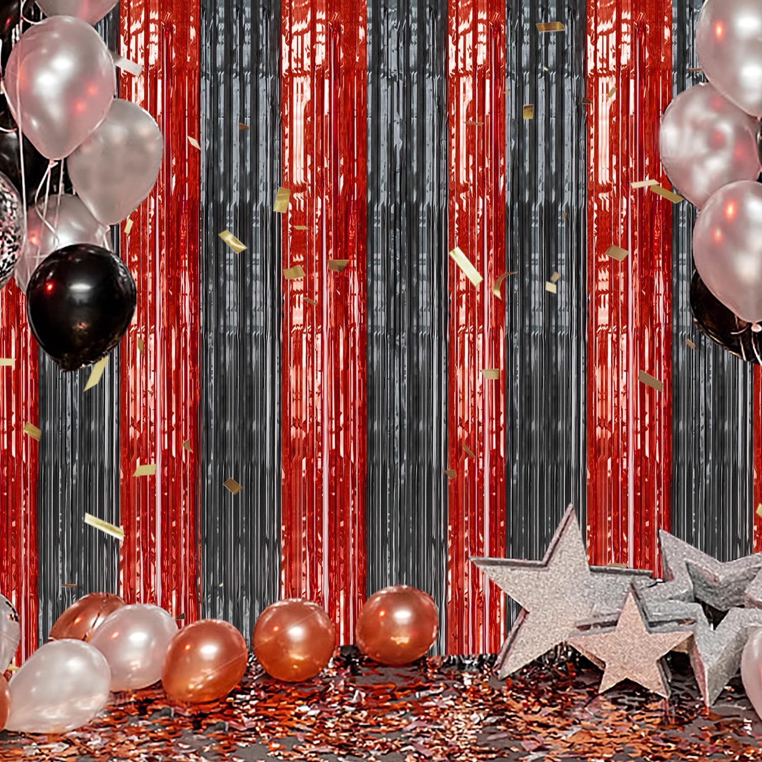 2 Pack Foil Fringe Backdrop Red&Black Shiny Tinsel Curtains for Party Decora…