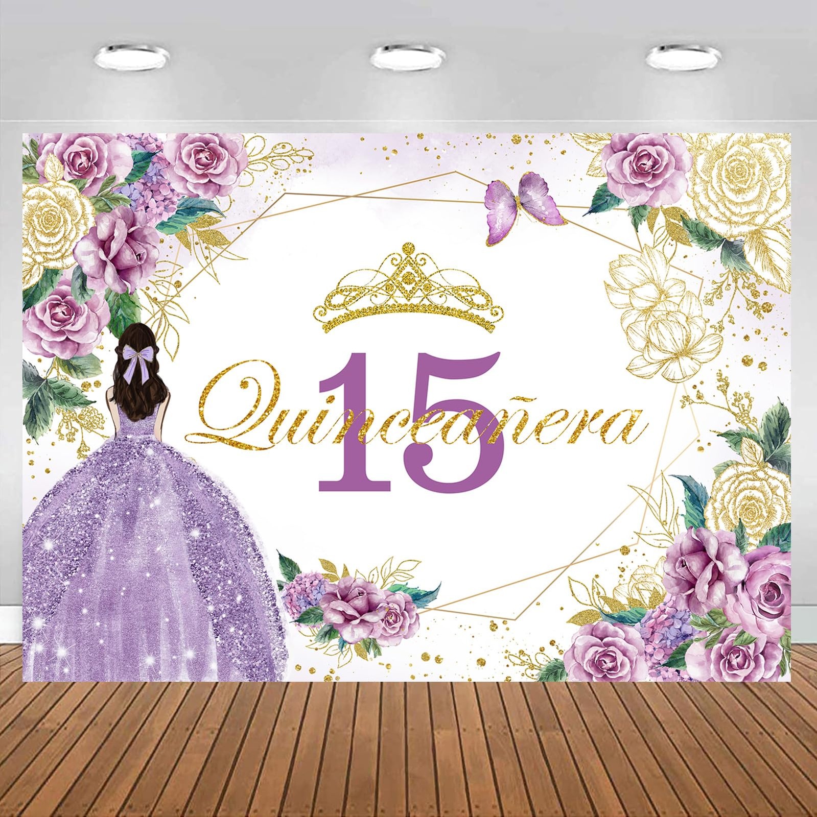 Withu Quinceañera 15 Birthday Backdrop Shiny Gold Purple Floral 7x5ft,