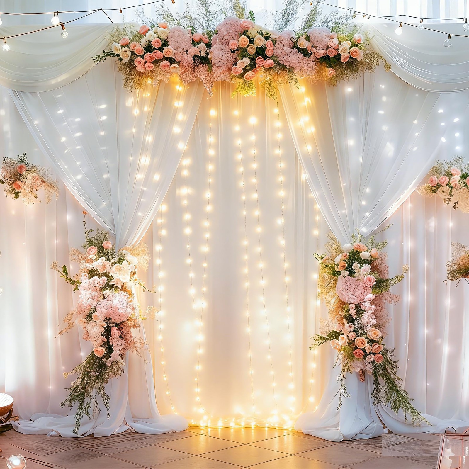 2 Panels 5 x 10 Ft White Backdrop Curtains Lights String Polyester Wrinkle Free