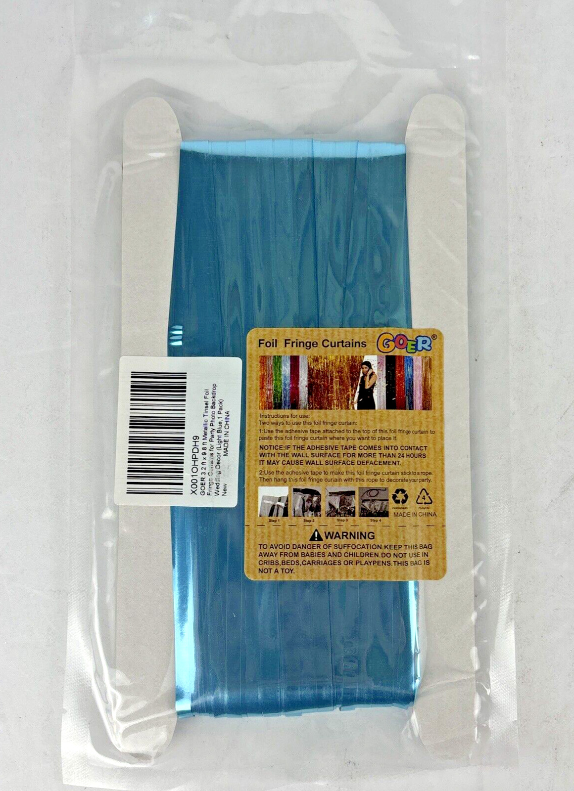GOER 3.2 ft x 9.8 ft, Metallic Tinsel Foil Fringe Curtains, Light Blue