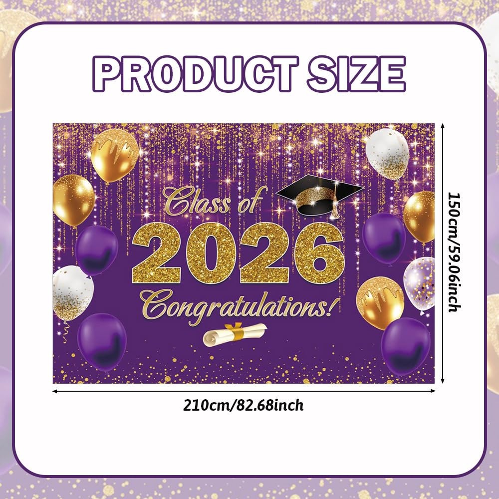 7x5ft Class of 2026 Party Backdrop, Purple and Gold Congrats Grad Backdrop Congr