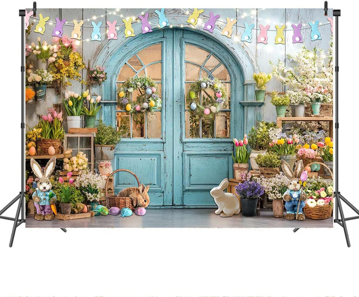 Easter Backdrop Blue Wooden Doors Brick Bunny Rabbit Photo Banner Spring Shop..