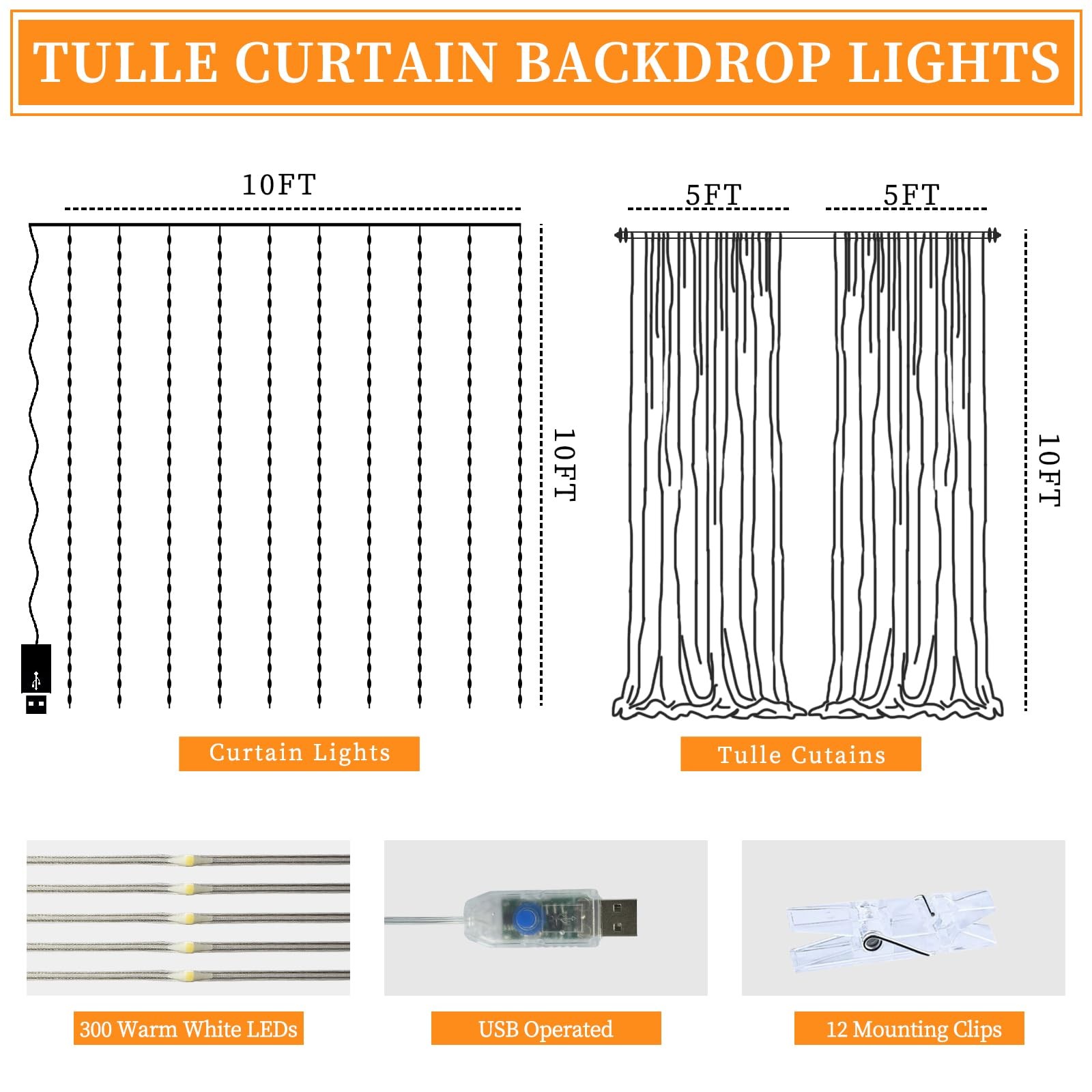10x10ft White Tulle Backdrop Curtain with String Lights, -Sheer Wedding Backd…