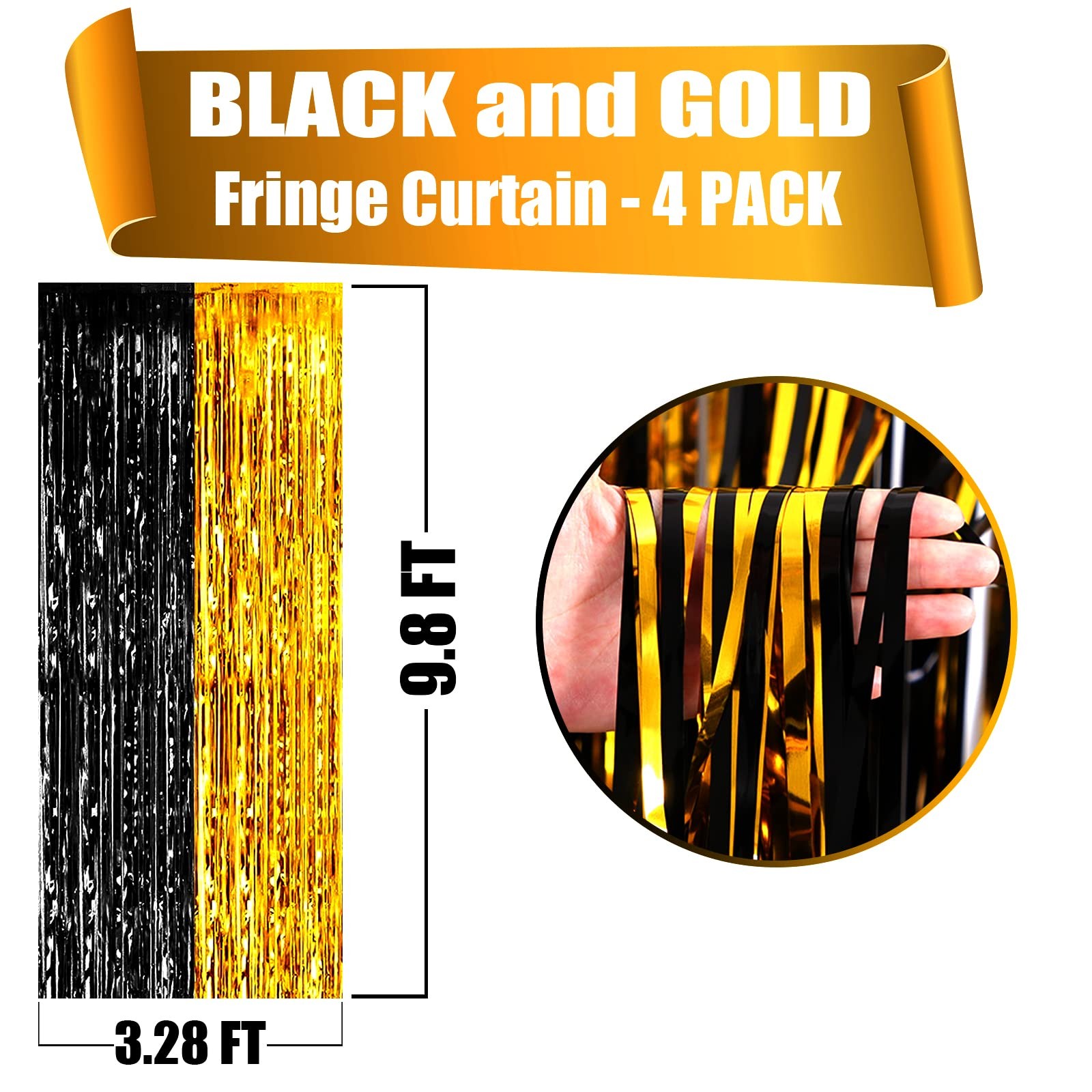 Foil Fringe Curtain Backdrop Metallic Tinsel Black Gold 3.28×9.8 Ft 4 PCS