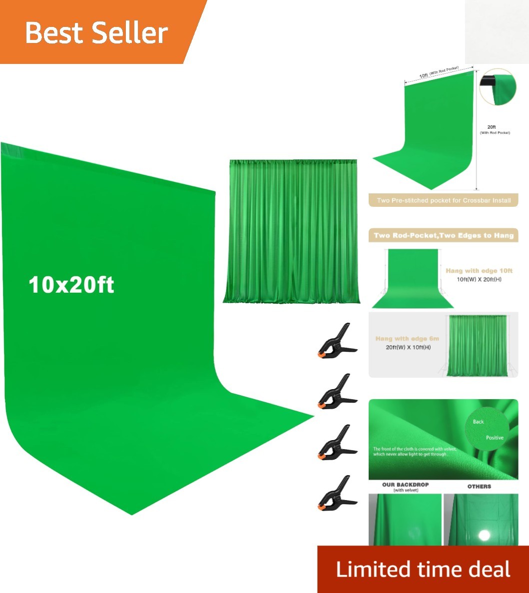 10X20Ft Large Green Screen Backdrop for Photography, Two Rod Pocket Chromakey C