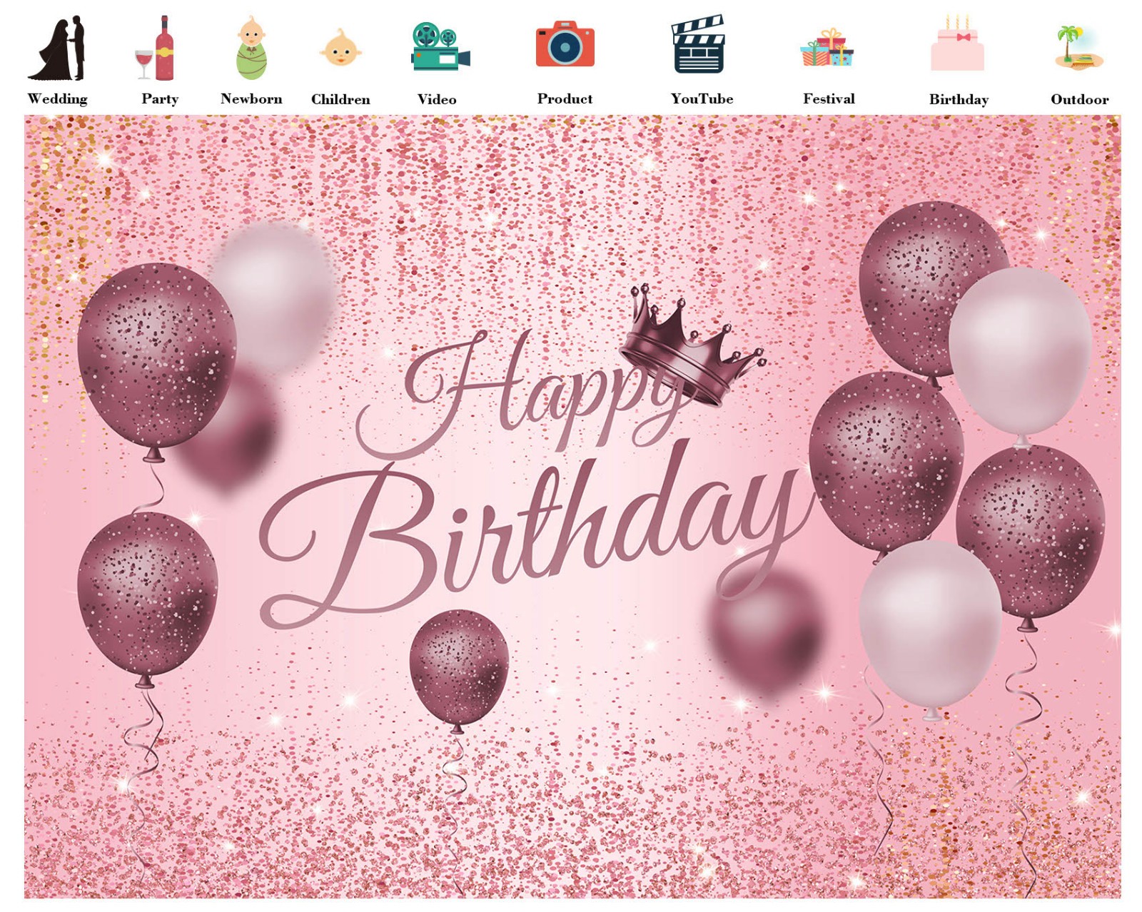 10x8ft Gold Pink Balloon Happy Birthday Backdrop Photo Background Banner Party