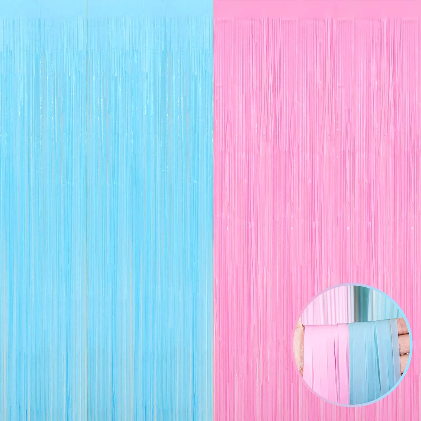Macaron Pink Blue Metallic Foil Fringe Curtains Gender Reveal Backdrop 4PK