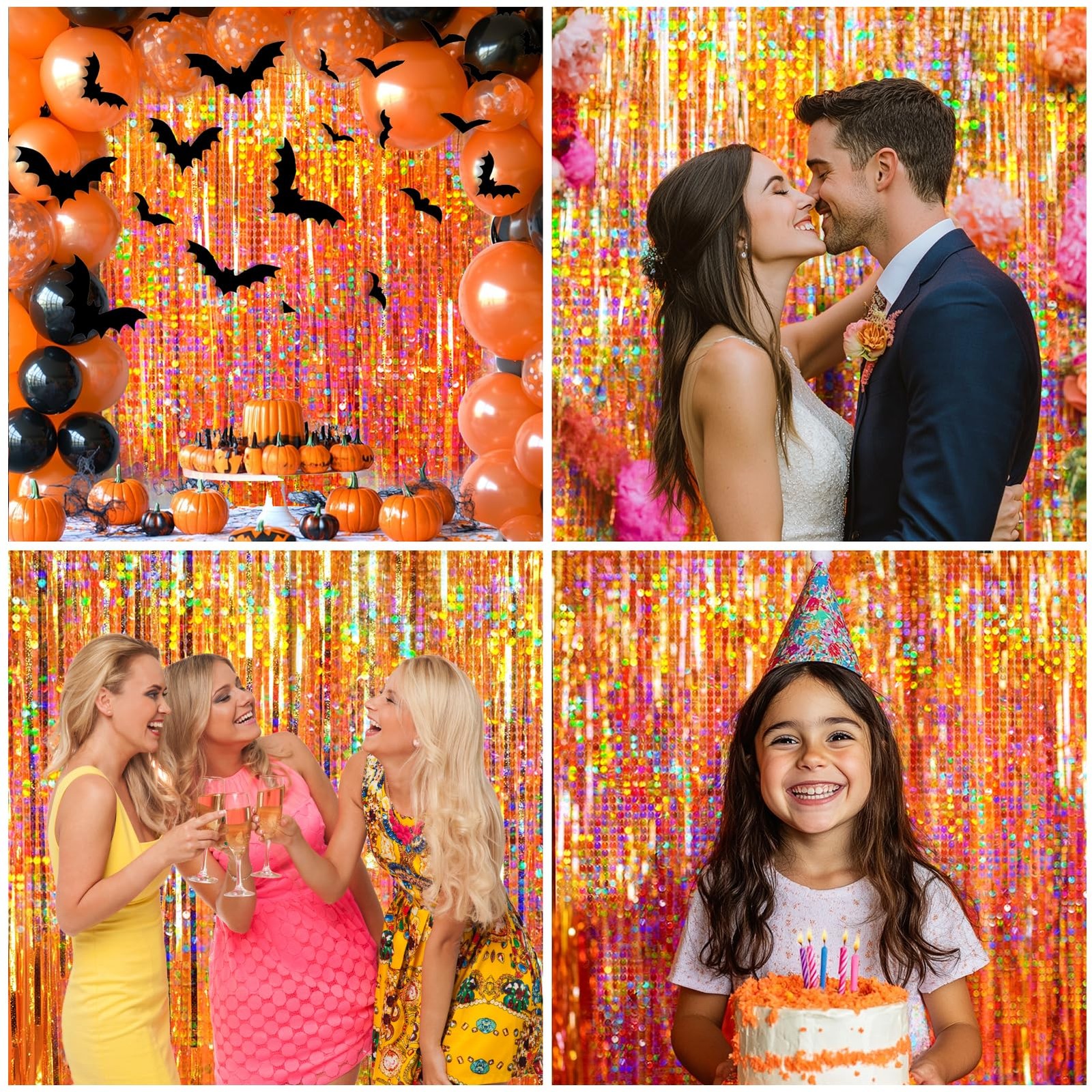 Orange Foil Fringe Curtain 4 Packs Glitter Metallic Tinsel Backdrop Party Decor