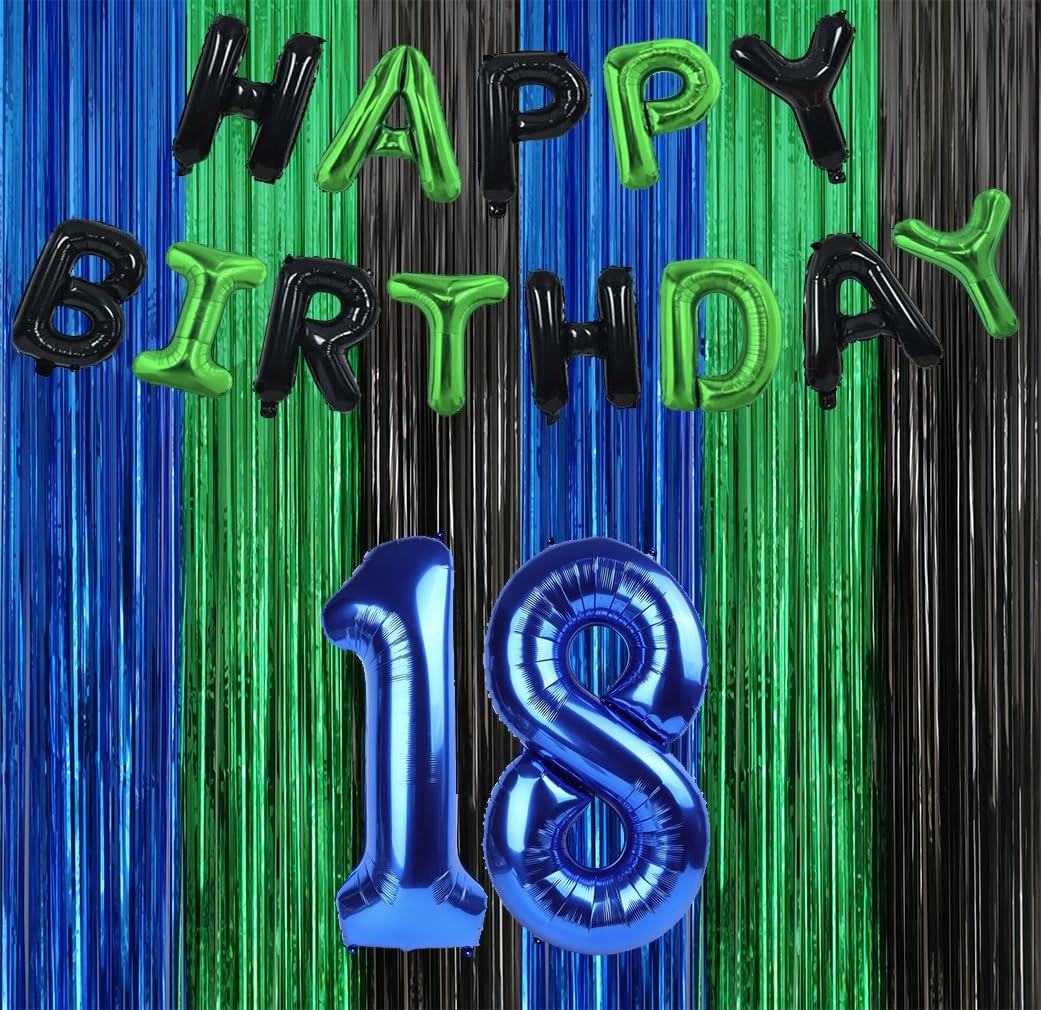 3.3×6.6 Ft Blue Green Black Metallic Tinsel Foil Fringe Backdrop Streamers 2 PCS