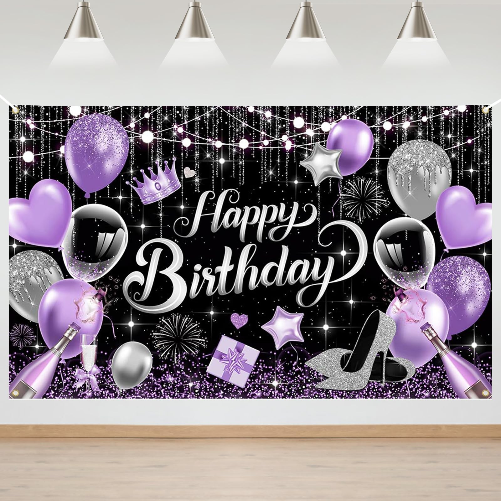 Purple Birthday Backdrop for Woman Glitter Sliver Purple Happy Birthday Party Ba