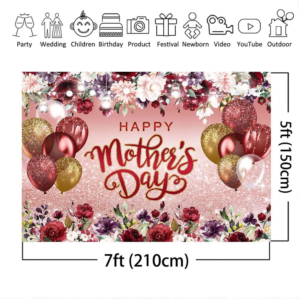 Happy Mother’s Day Backdrop Burgundy Flowers Rose Gold Glitter Photo Backgrou…