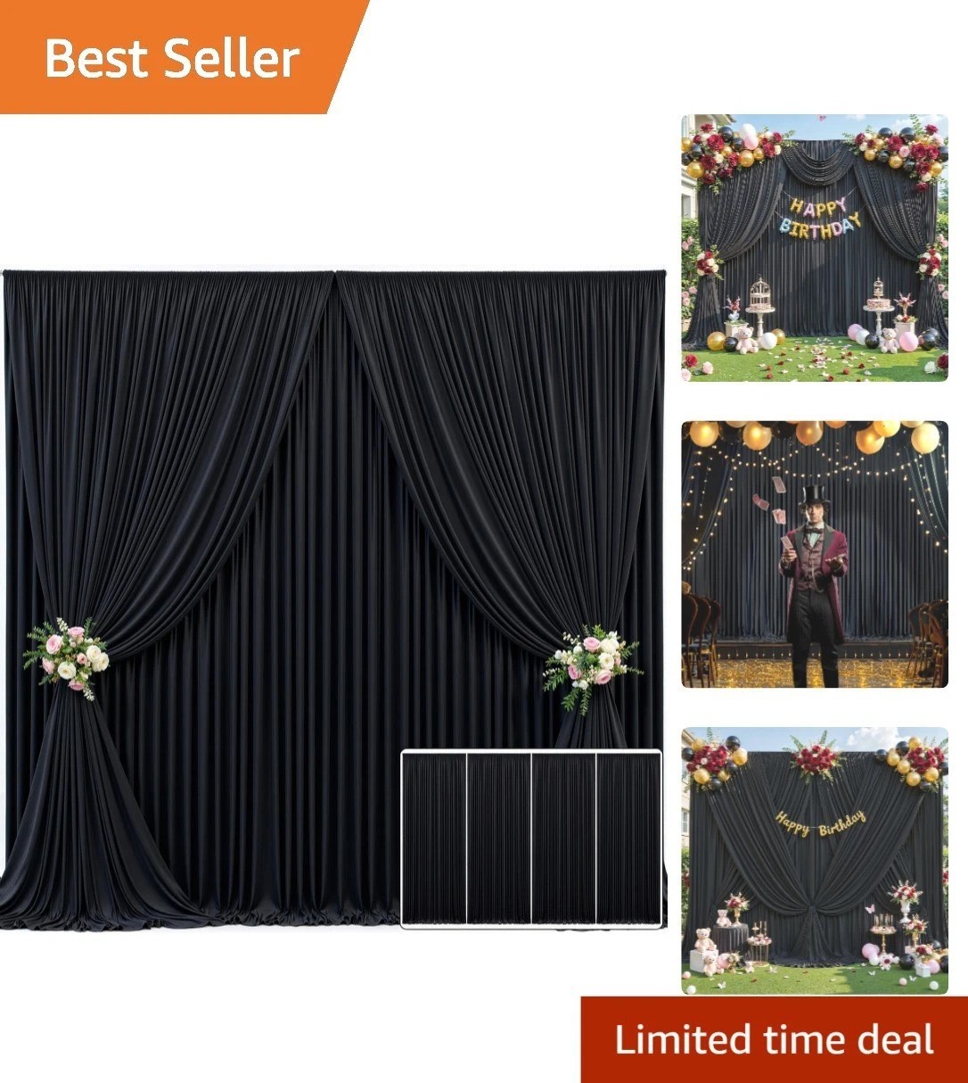 Black Backdrop Curtain 4 Panels 20ft x 10ft for Parties Weddings Photography