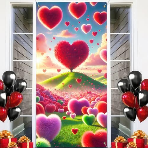 70×35 Backdrop Photo Background with Heart-Shaped Valentine’s Day Door Cover