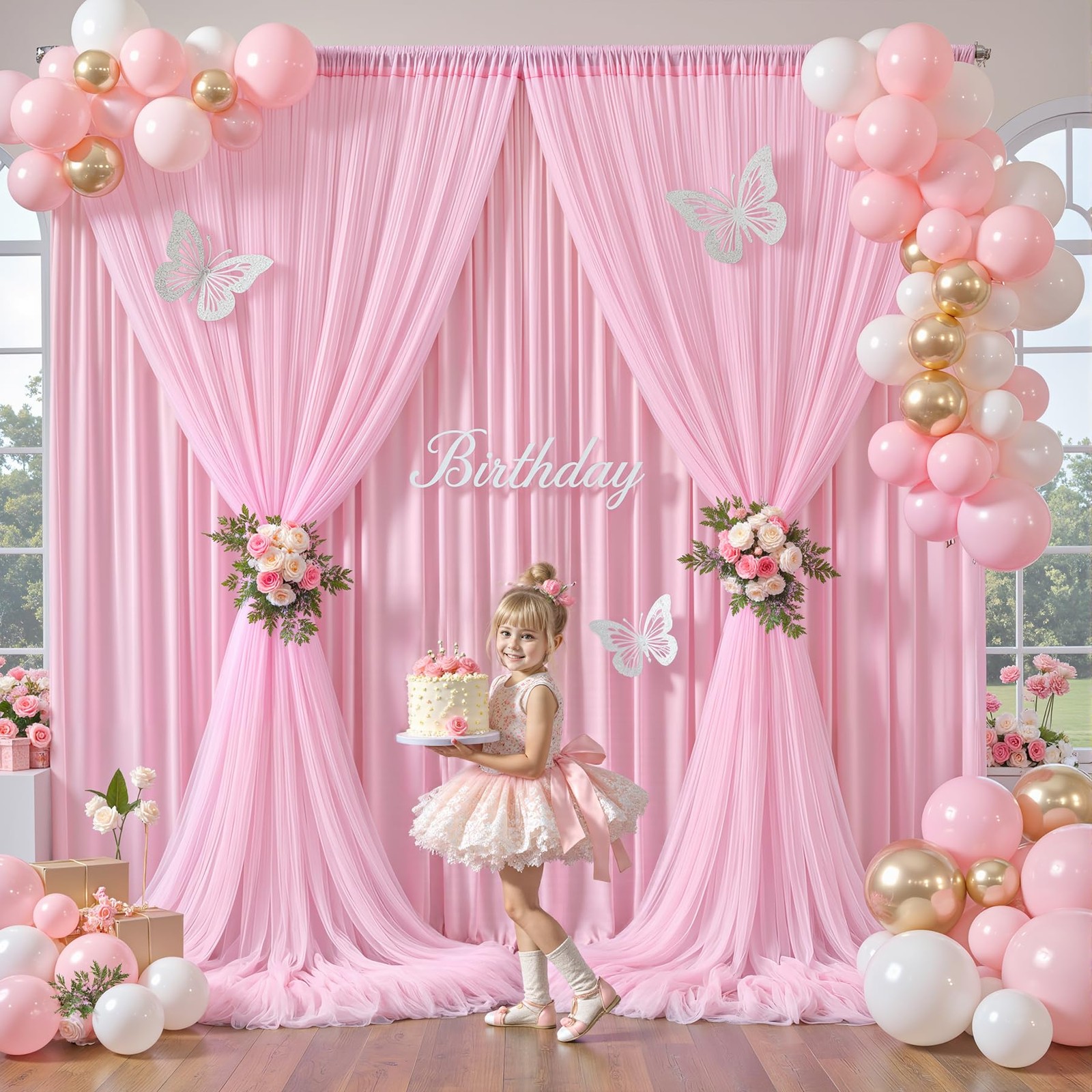 5×10 FT Baby Pink Tulle Wrinkle Free 2 Layer Backdrop Curtains Wedding Drapes