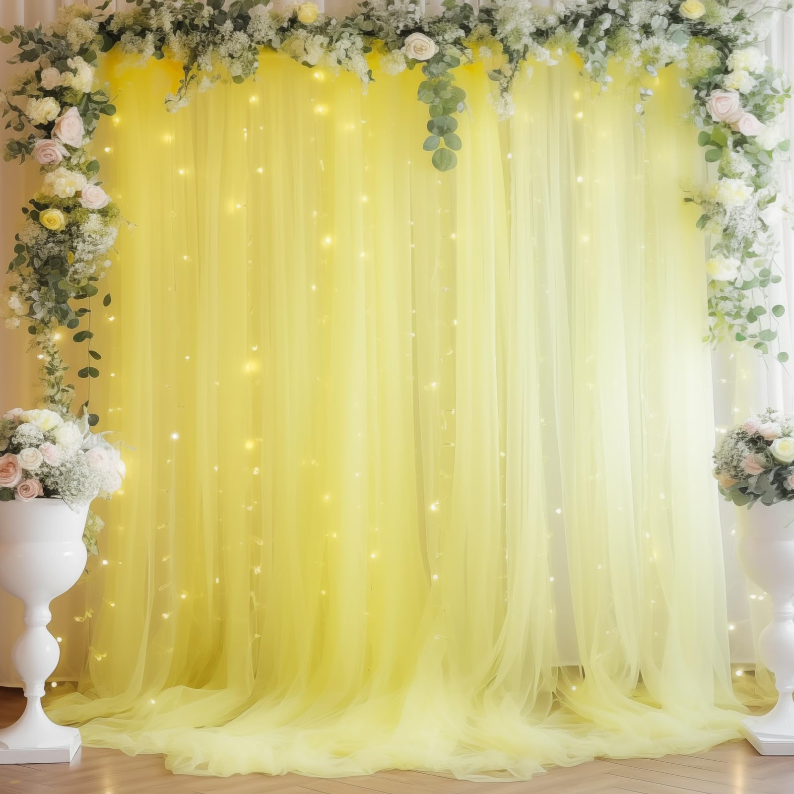 10×10ft Yellow Tulle Backdrop Curtain with Lights String for Parties Sheer Cu…