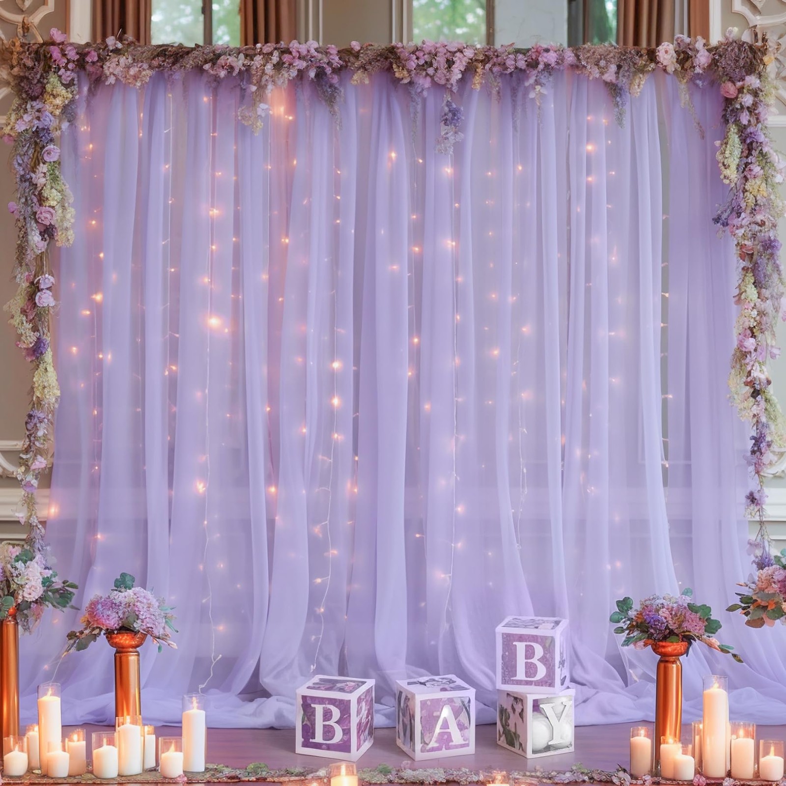 20x8ft Purple Tulle Backdrop Curtain with Lights String for Parites, Sheer Photo