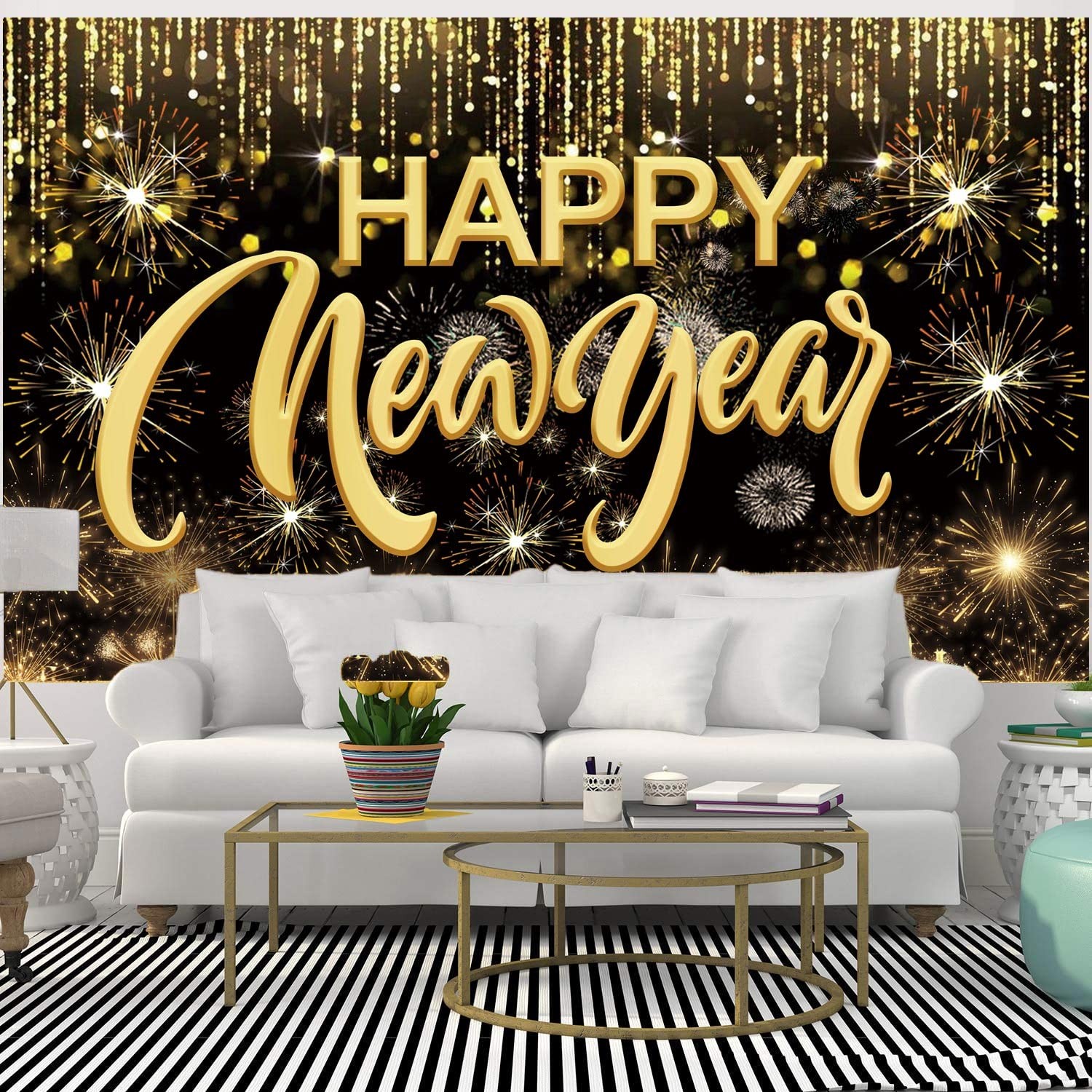 Happy New Year Hanging Extra Large Fabric 43.3 inches x 70.8 inches, Gold