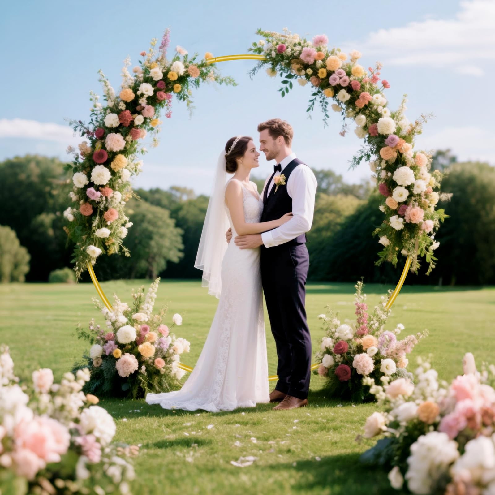 7.2FT Round Backdrop Stand, Circle Gold Balloon Wedding Arch Frame, Metal Wed…