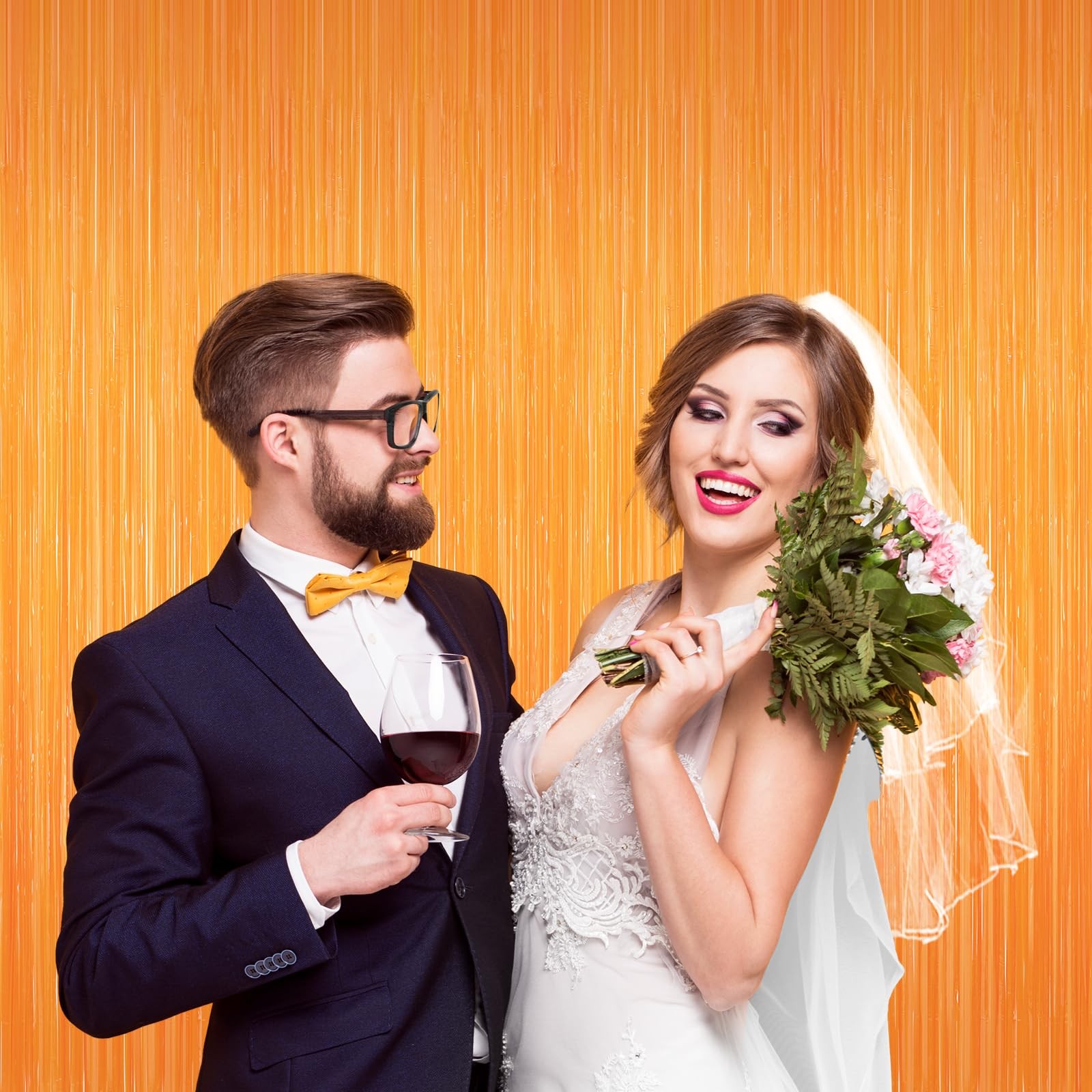 2 PCS Orange Tinsel Backdrop Curtains Metallic Party Streamer Fringe Foil