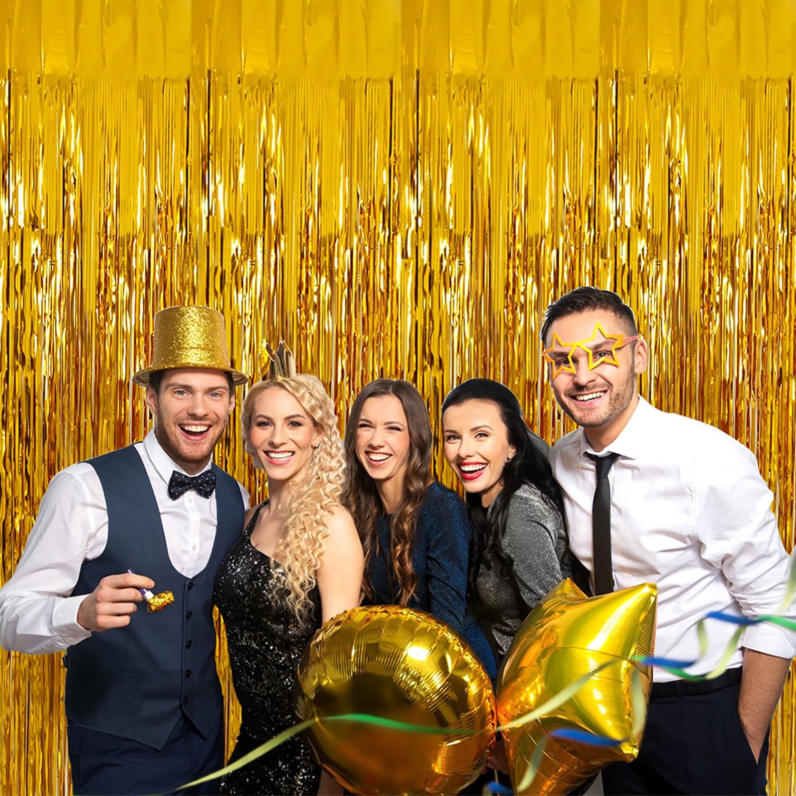 2 PCS Gold Tinsel Foil Fringe Curtain Photo Streamer Backdrop 3.28×6.56 FT