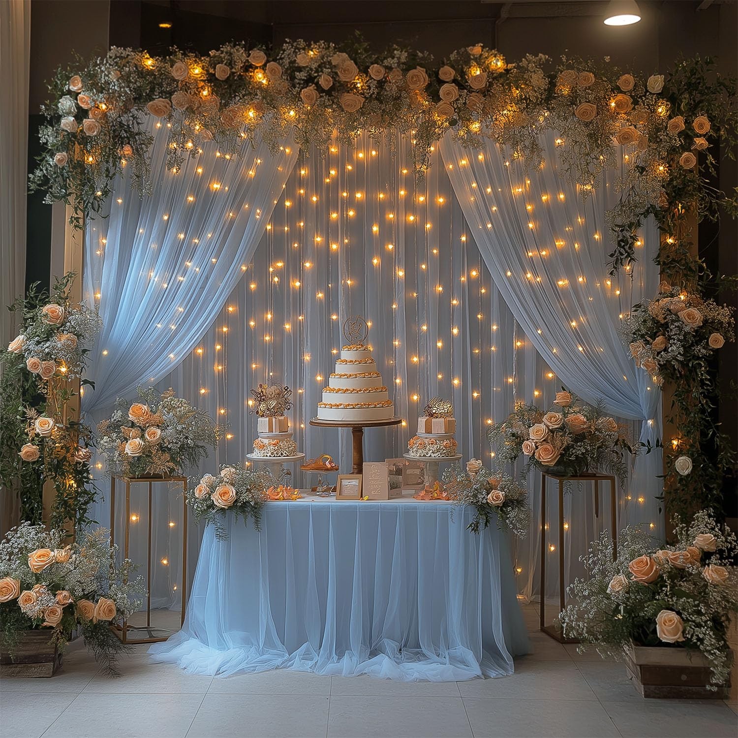 2 PCS 10×10 FT Baby Blue Tulle Backdrop Curtain String Light Sheer Drape