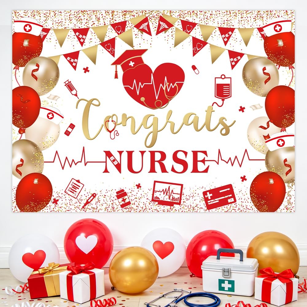 7x5ft Congrats Nurse Backdrop Red Gold Nurse Graduation Photography Background C