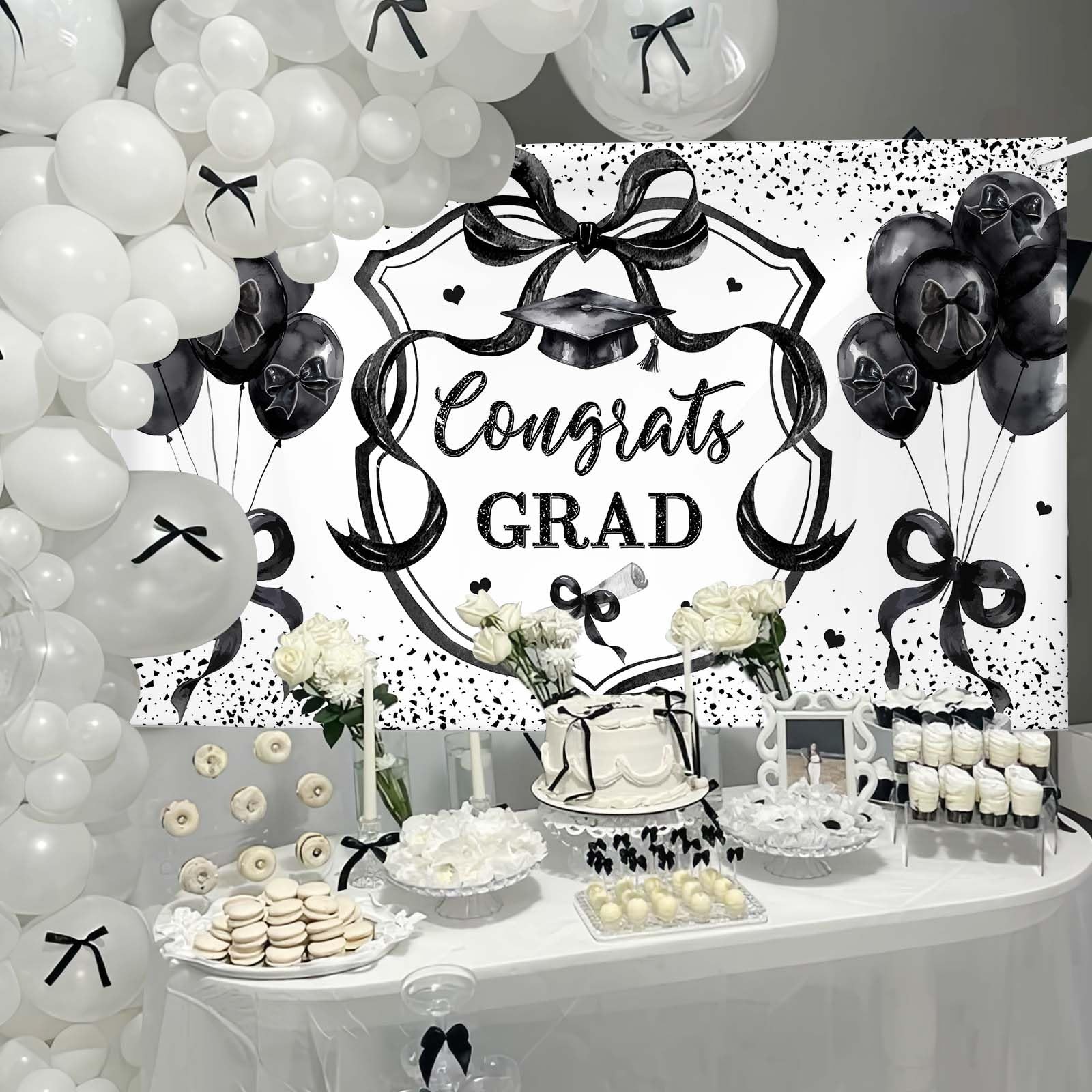 Coquette Congrats Grad Backdrop Black Bow 2026 Graduation Photography Background