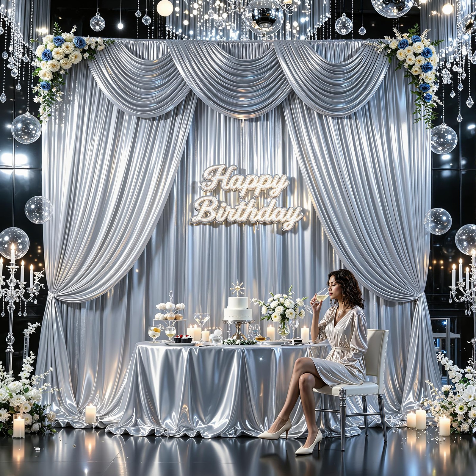 40x10ft Silver Glitter Backdrop Curtain for W5 x H10′(8 Panels),