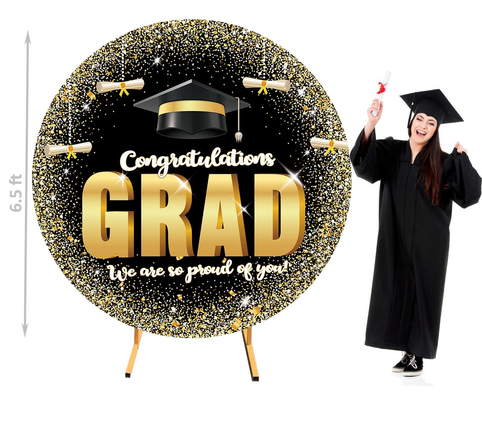 6.5FT Graduation Round Arch Backdrop 78 inches x 78 inches, Black and Gold