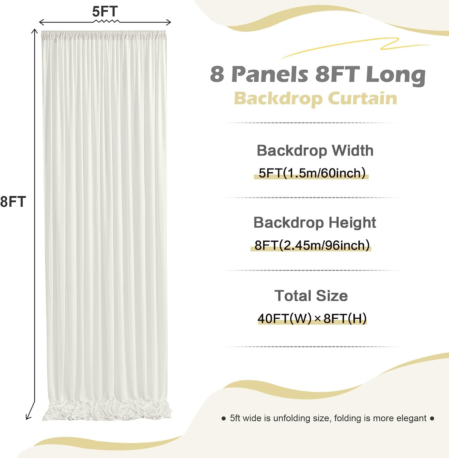 40Ft X 8Ft Wrinkle Free Ivory Backdrop Curtain for Parties, 8 Panels 5X8Ft