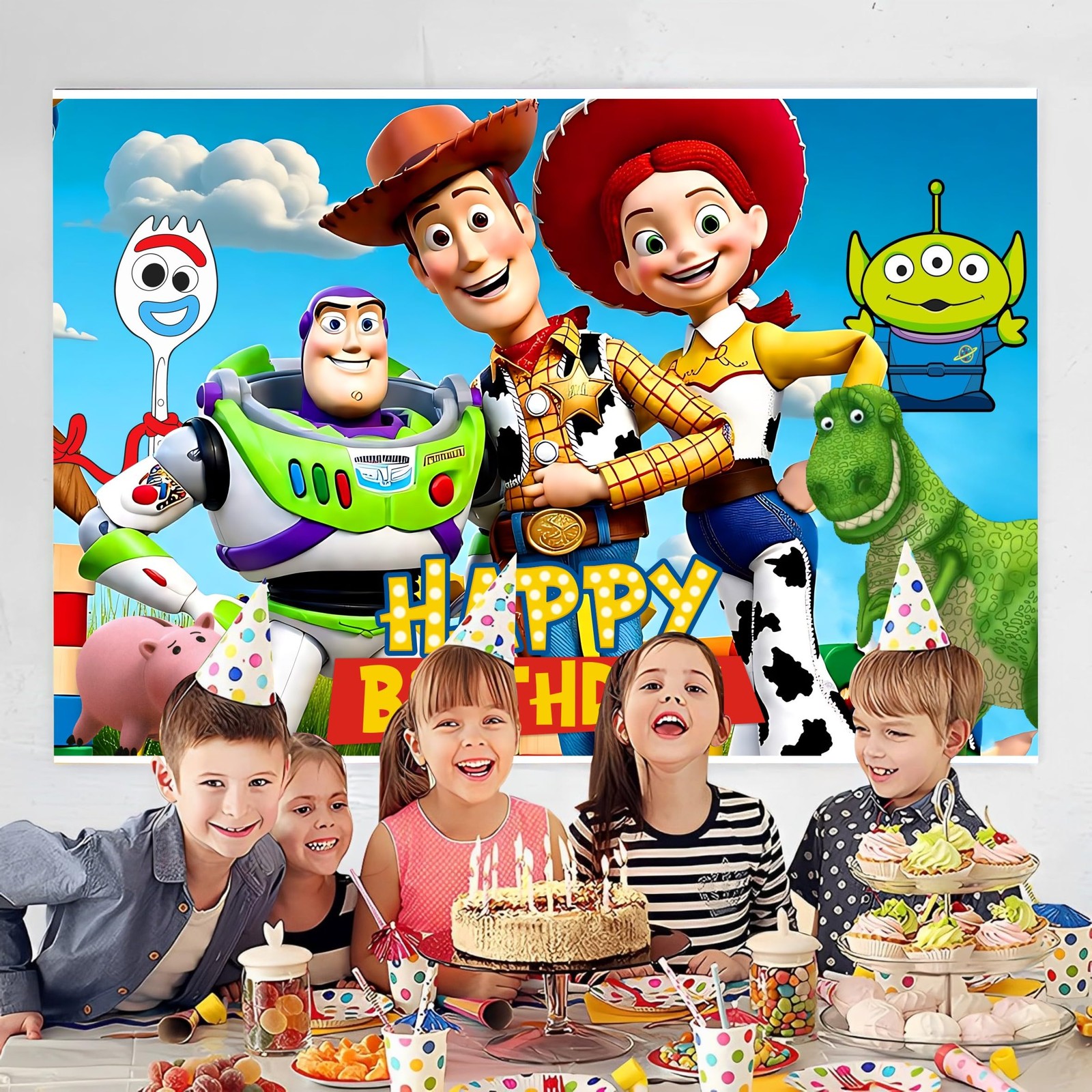W-J Happy Birthday Backdrop Cartoon for Toy Inspired Story Birthday Party Sup…