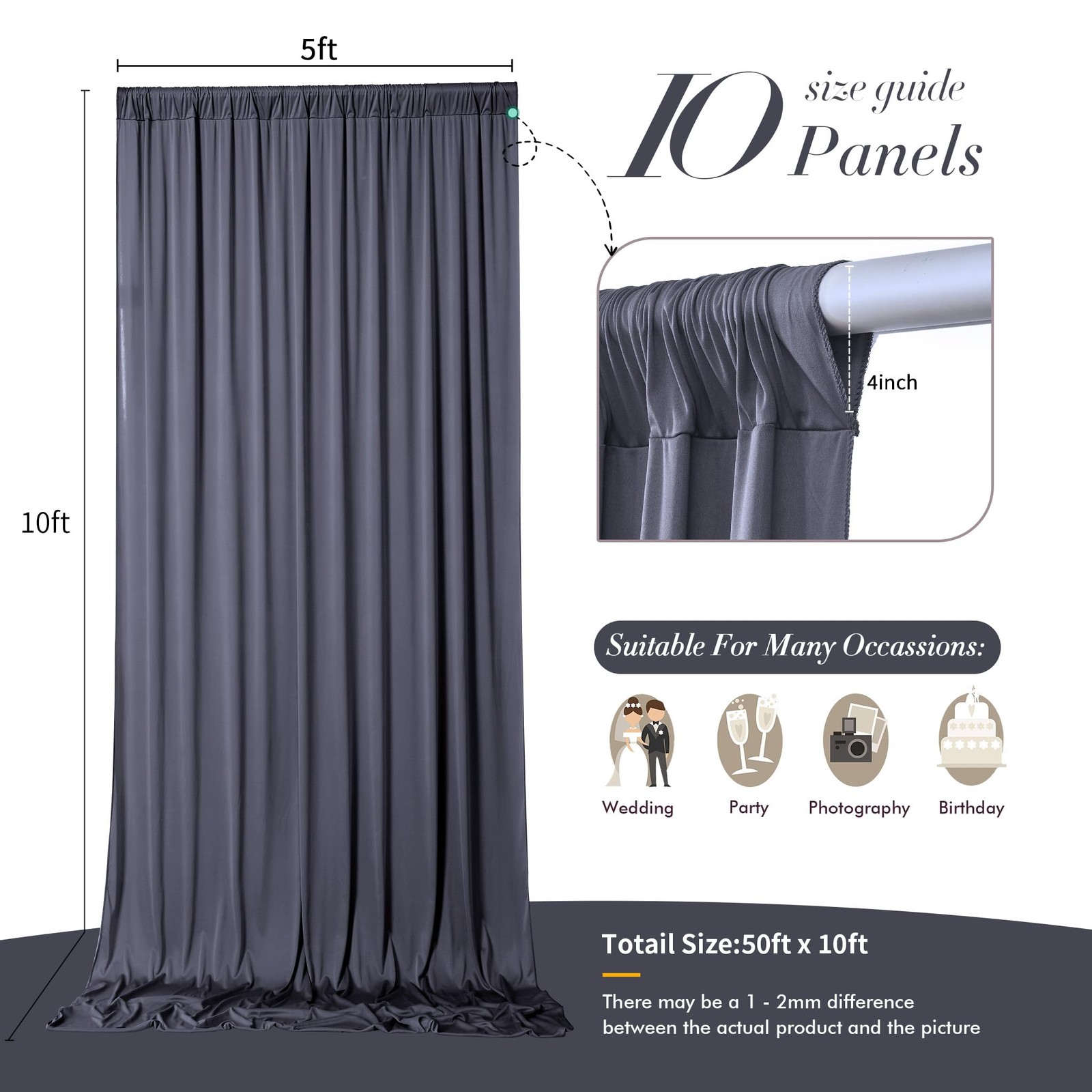 50 ft x 10 Wrinkle Free Charcoal 5′(W) x 10′(H), 10 panels,