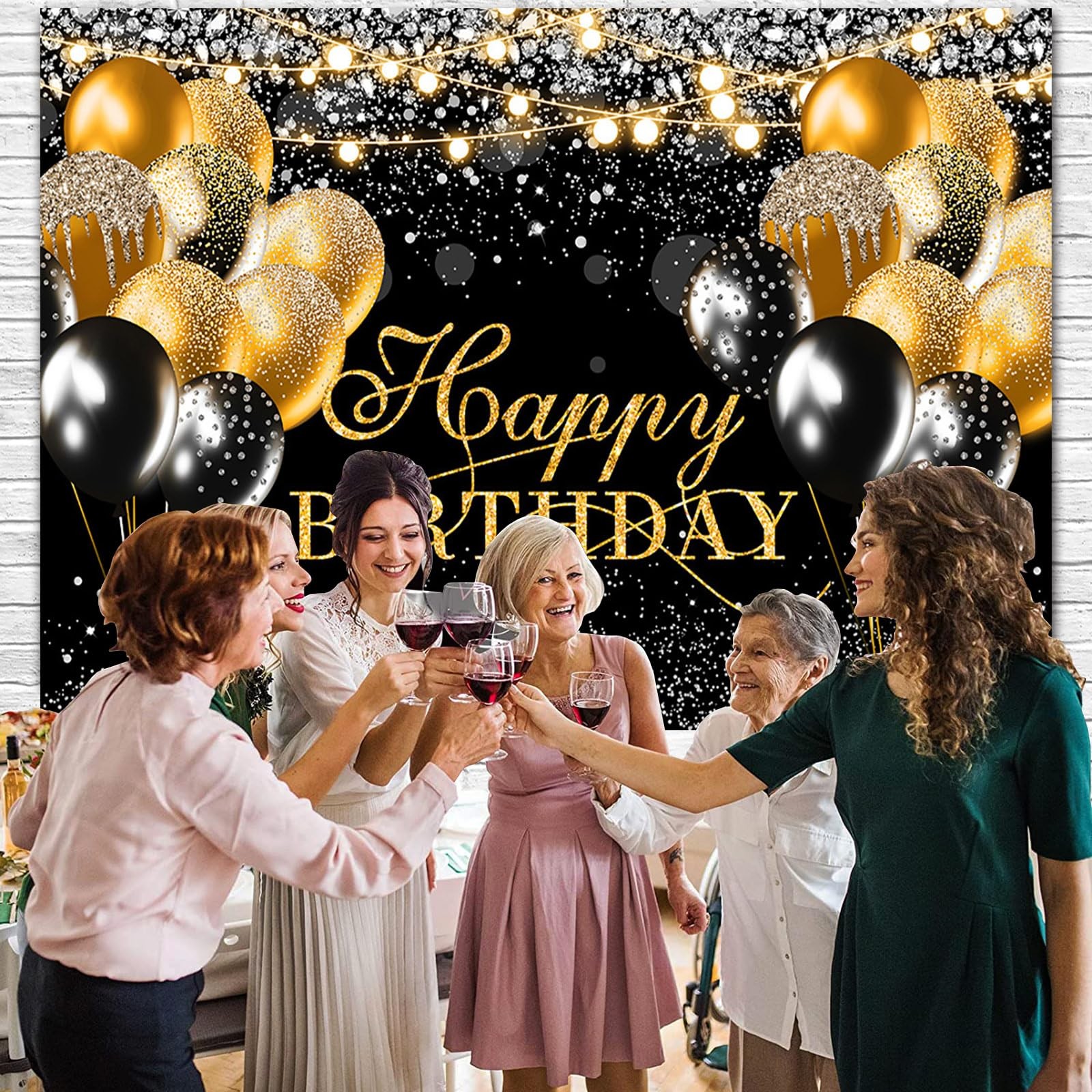 Black Gold Happy Birthday Backdrop Banner Men Birthday Party Decorations Glit…
