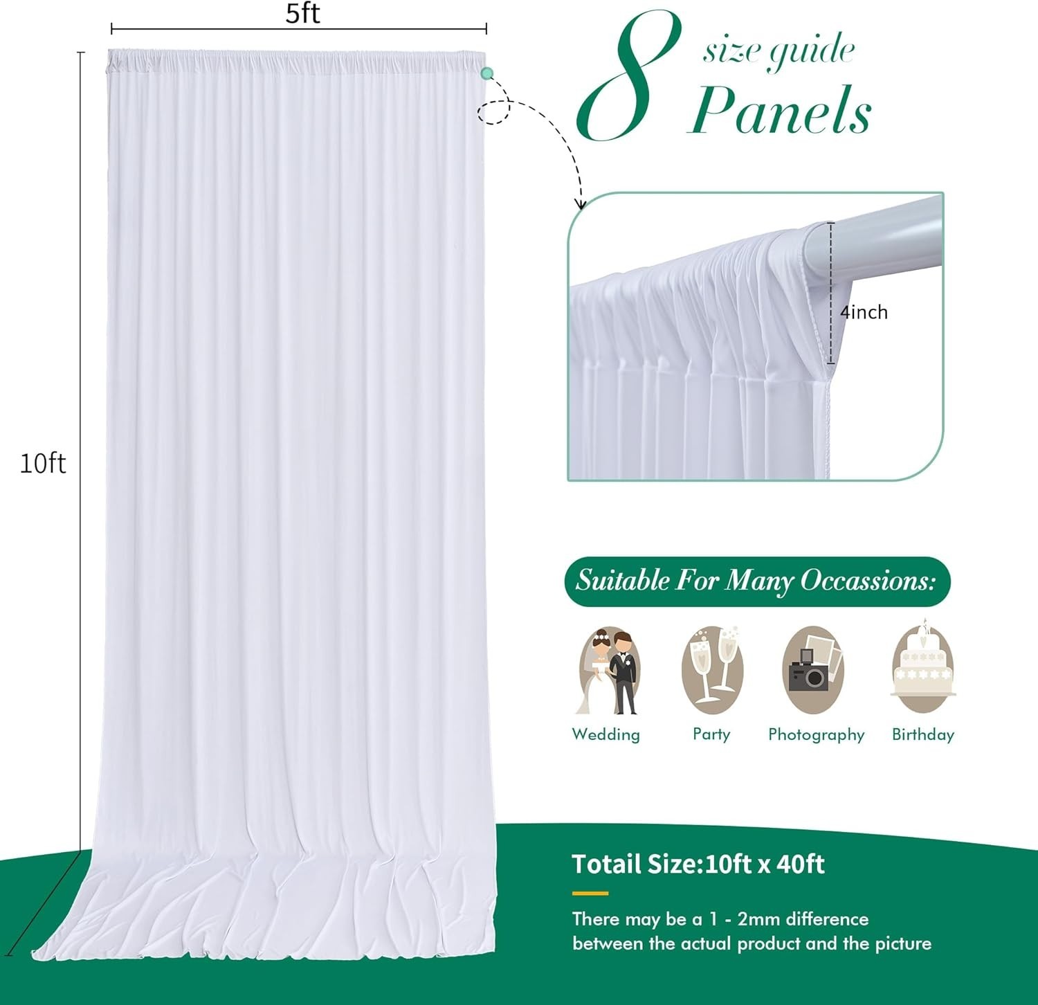 40 ft x 10 ft Wrinkle Free White Backdrop Curtain for Wedding Parties, Polyester