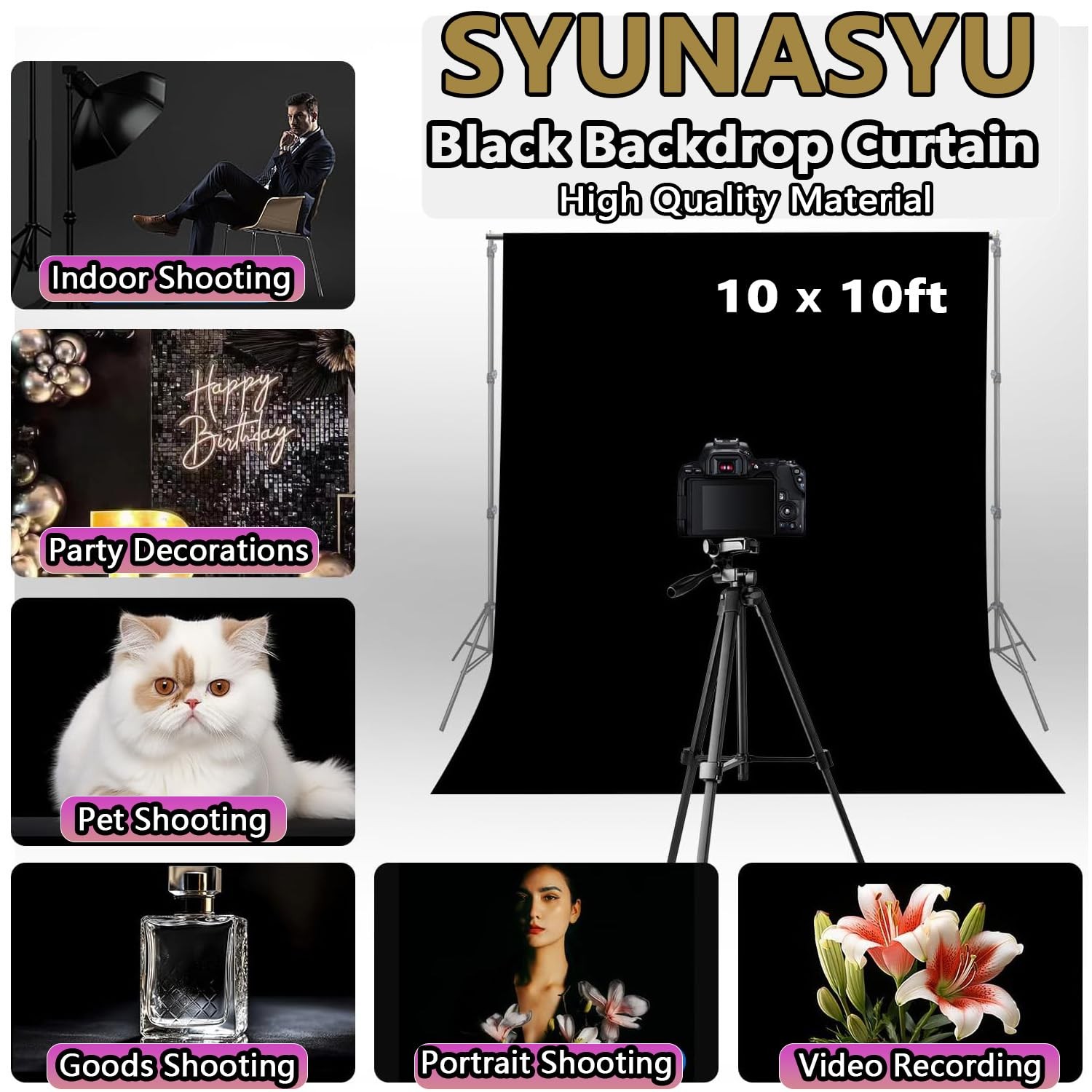 Black Backdrop 10 X 10 Ft, Solid Black Photo Backdrop, High Density Polyester…